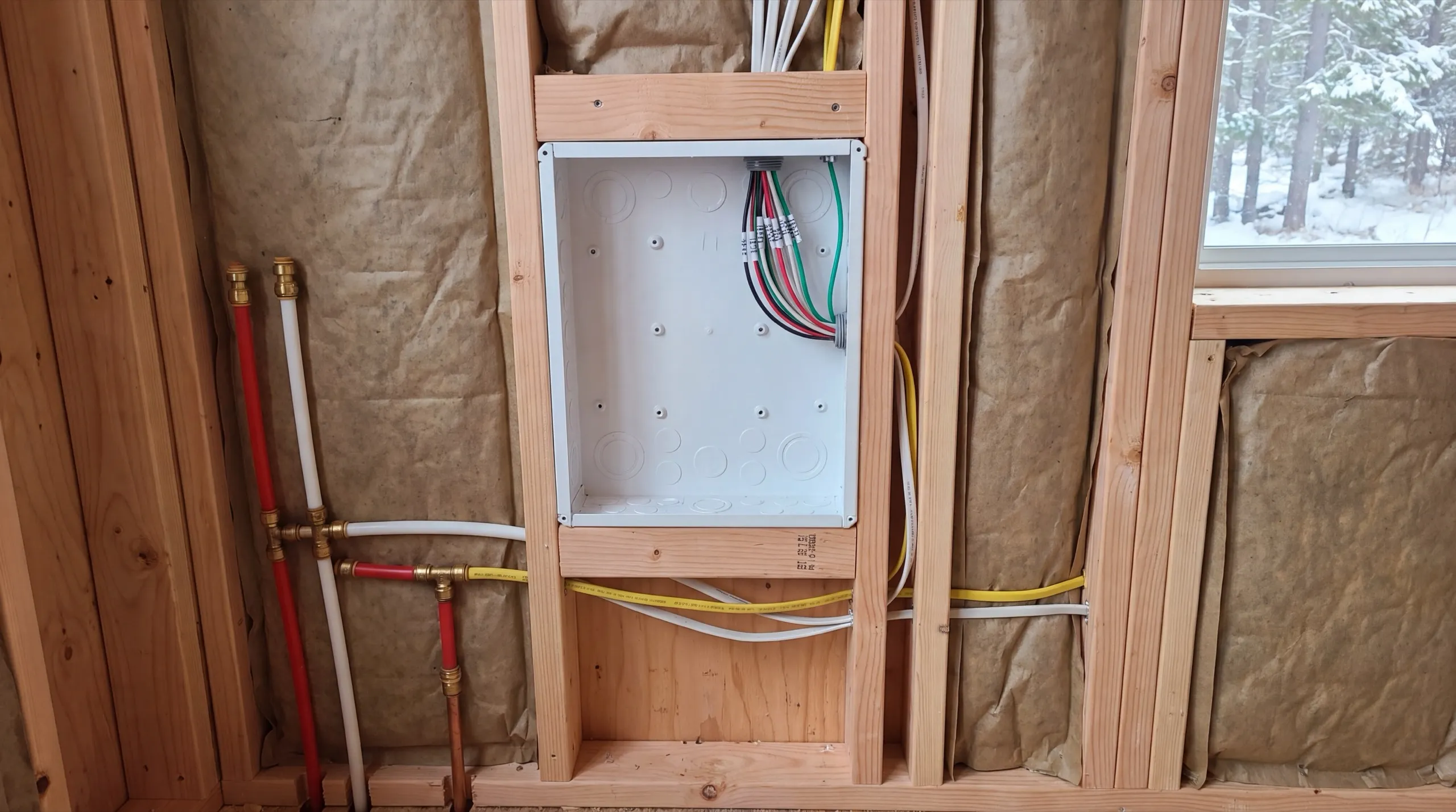 Accessory dwelling unit builder Pittston Maine: open stud wall with plumbing lines, wiring and an electrical box over insulation