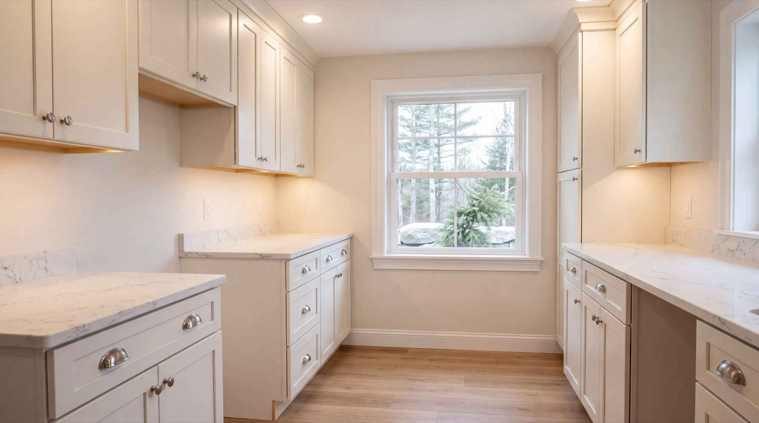 ADU builder Randolph Maine: finished cream kitchen with stone counters and a window at the end