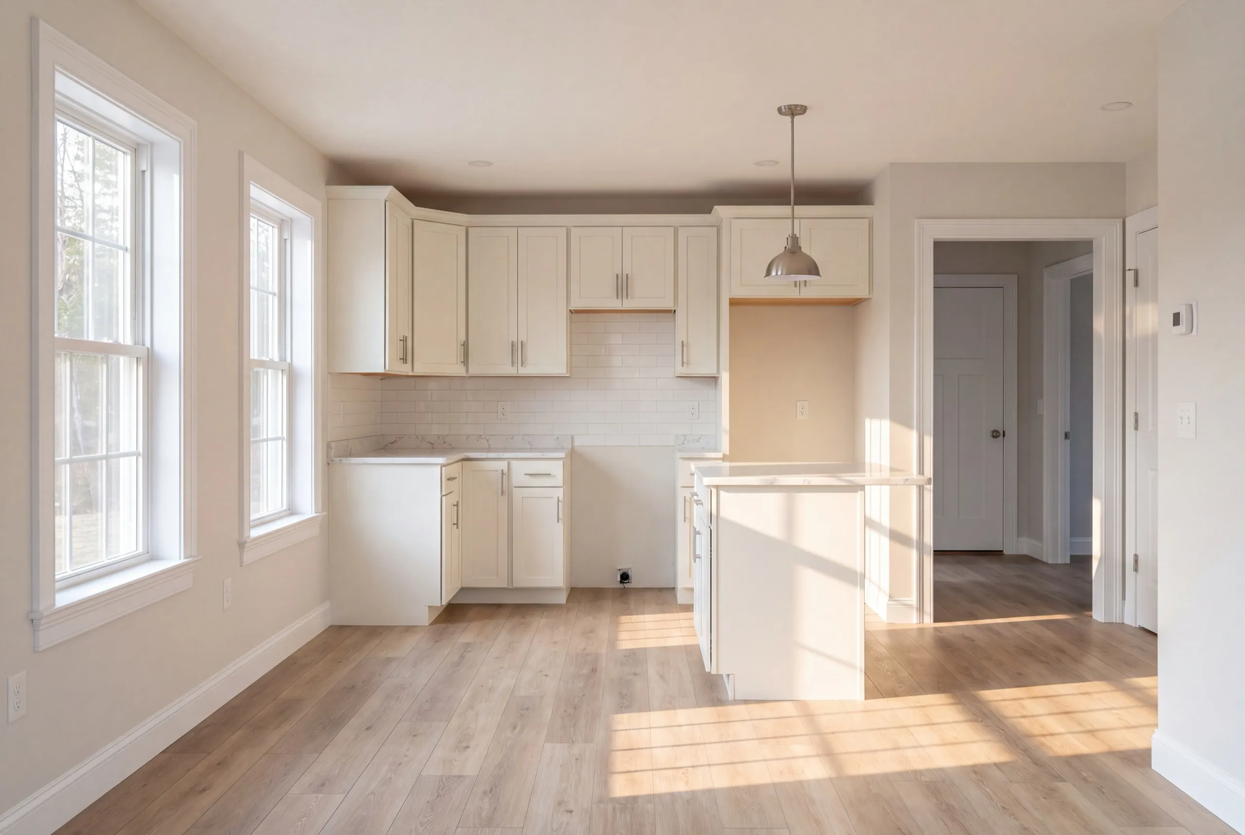 Accessory dwelling unit builder Randolph Maine: finished kitchen with an L of white cabinets, an island and open appliance spaces