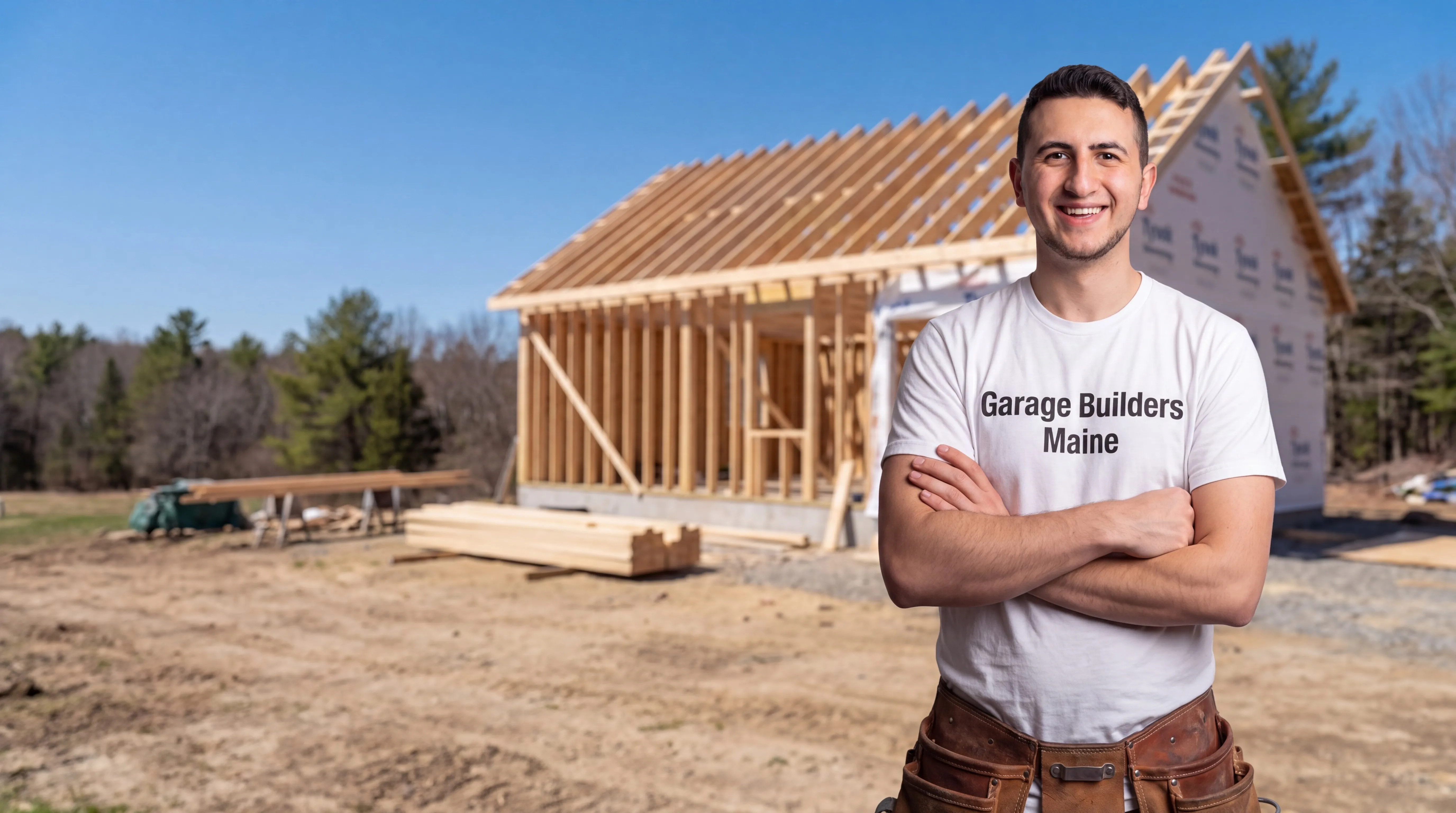 Owner of Garage Builders Maine standing with his arms crossed and smiling at a Maine job site