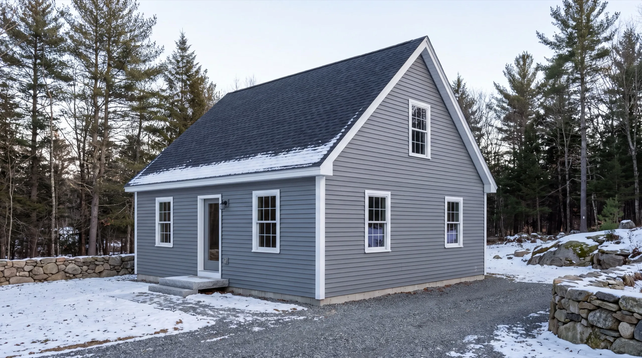 ADU builder Randolph Maine: finished small gray cottage with white trim on a gravel drive in snow