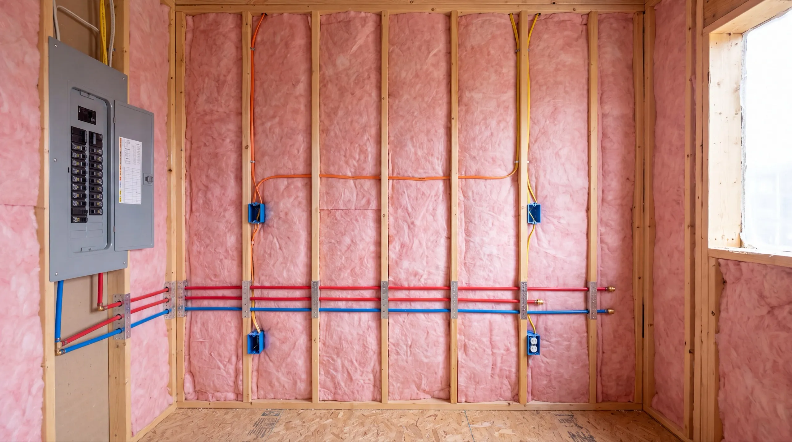 Accessory dwelling unit builder Randolph Maine: open stud wall with pink insulation, an electrical panel and plumbing lines