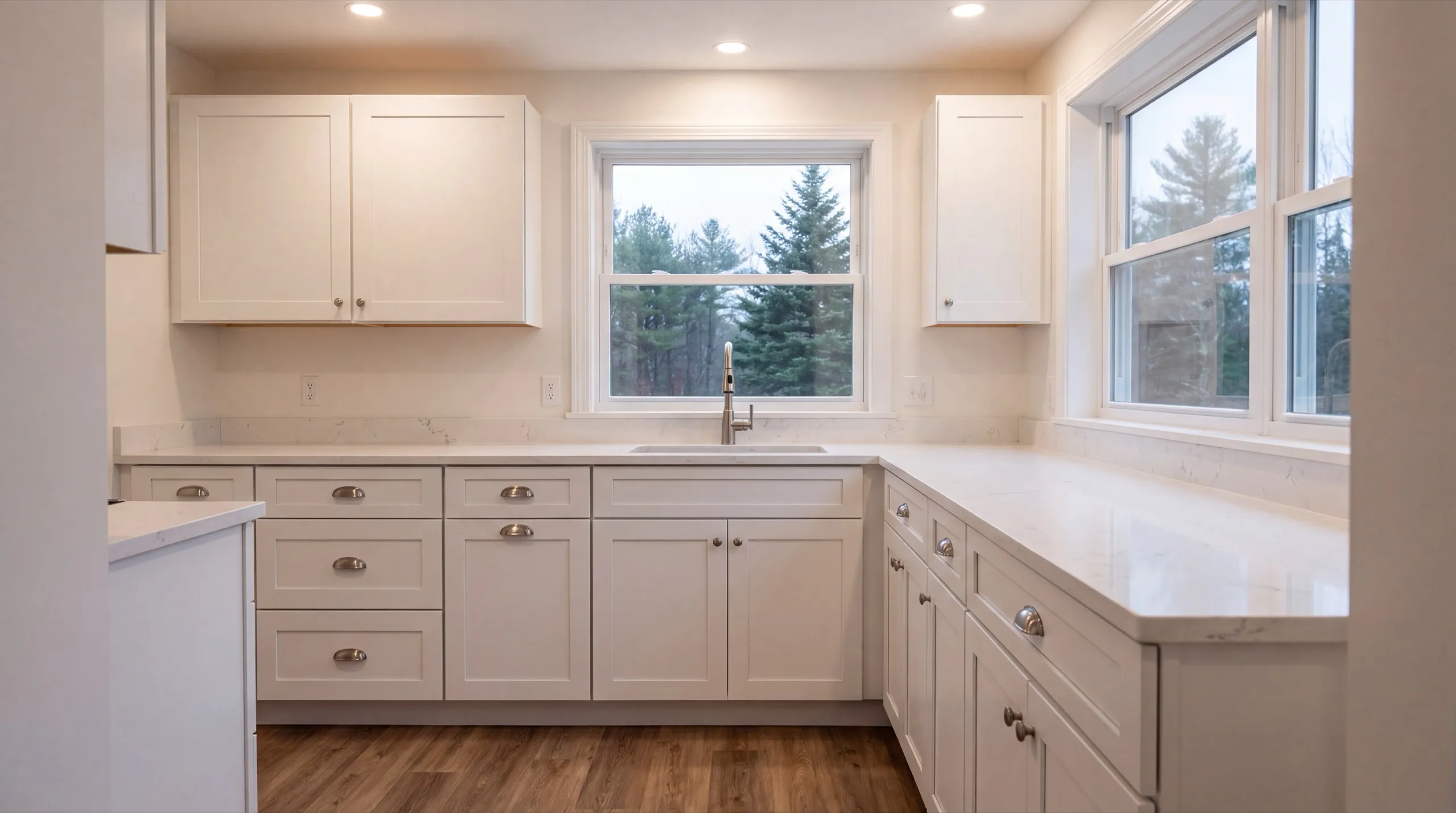 ADU builder Richmond Maine: finished white L-shaped kitchen with stone counters and a window over the sink