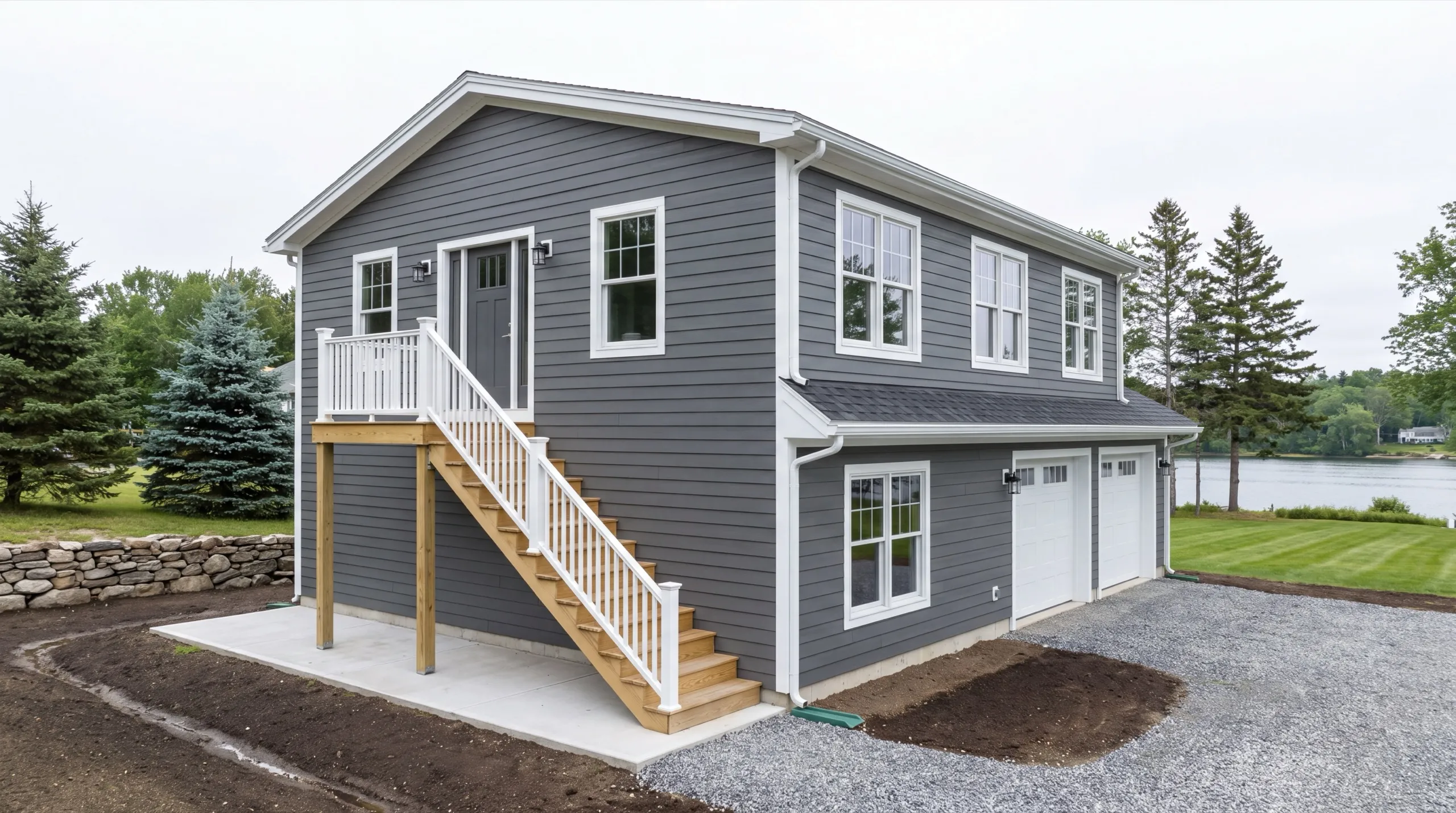 Accessory dwelling unit builder Richmond Maine: finished gray two-bay garage with an apartment above and a side exterior stair