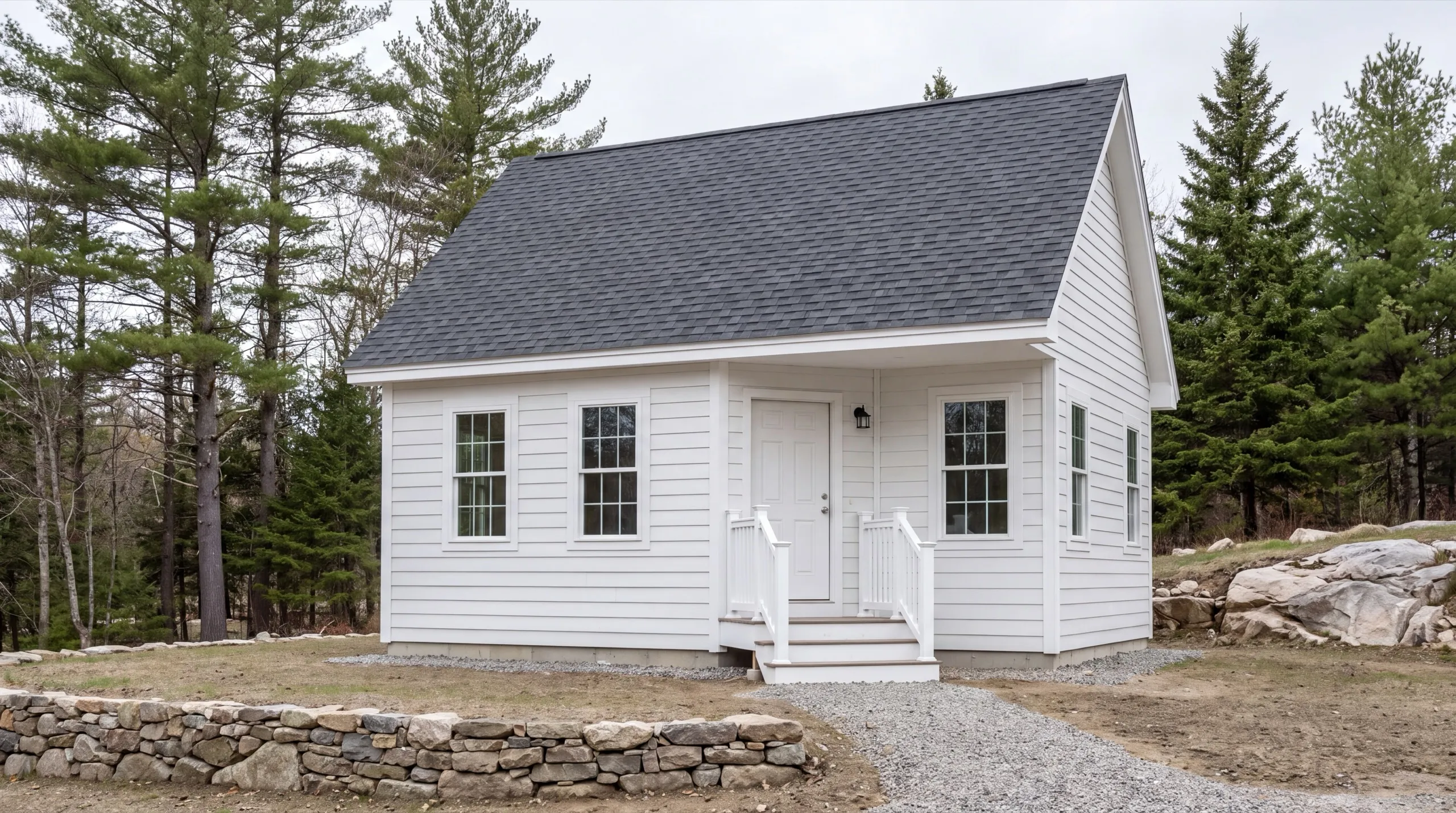 ADU builder in Richmond, ME: finished small white cottage with a dark roof and front entry steps