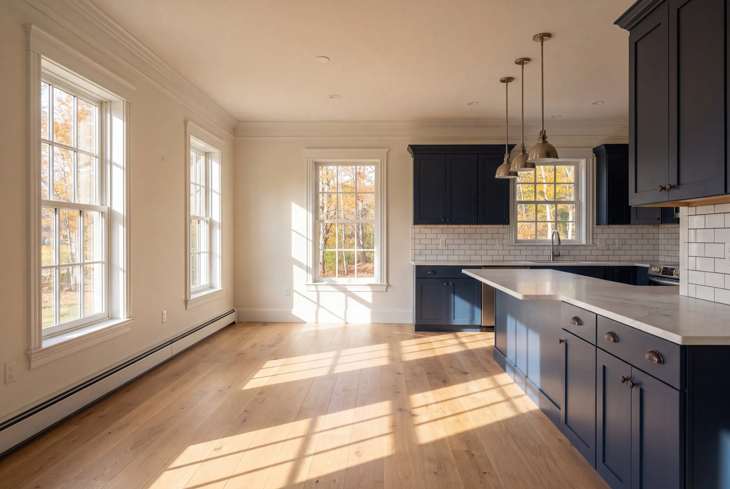 Accessory dwelling unit builder Richmond Maine: finished open kitchen and living area with navy cabinets, an island and tall windows