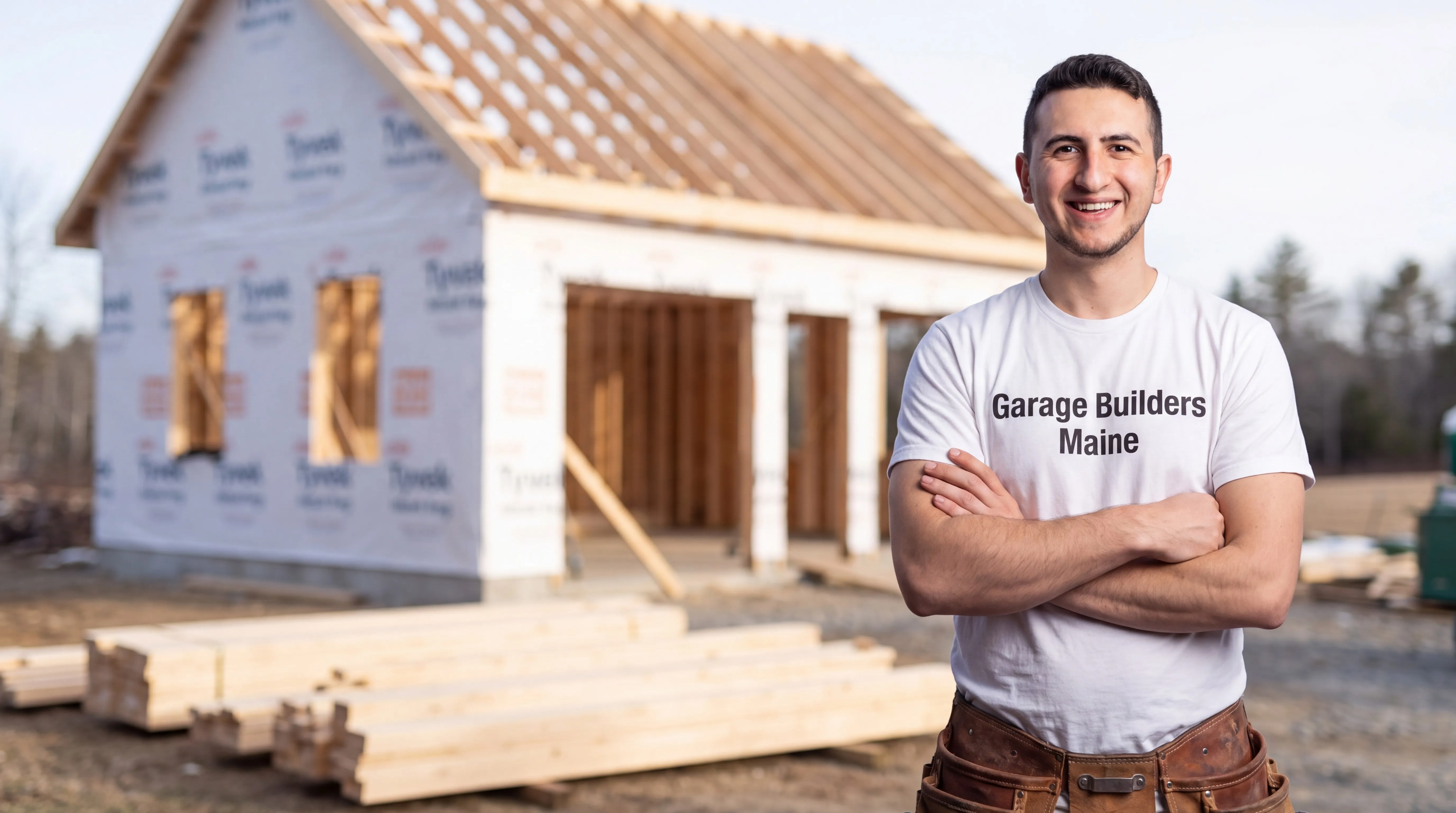 Owner of Garage Builders Maine standing with his arms crossed and smiling at a Maine job site