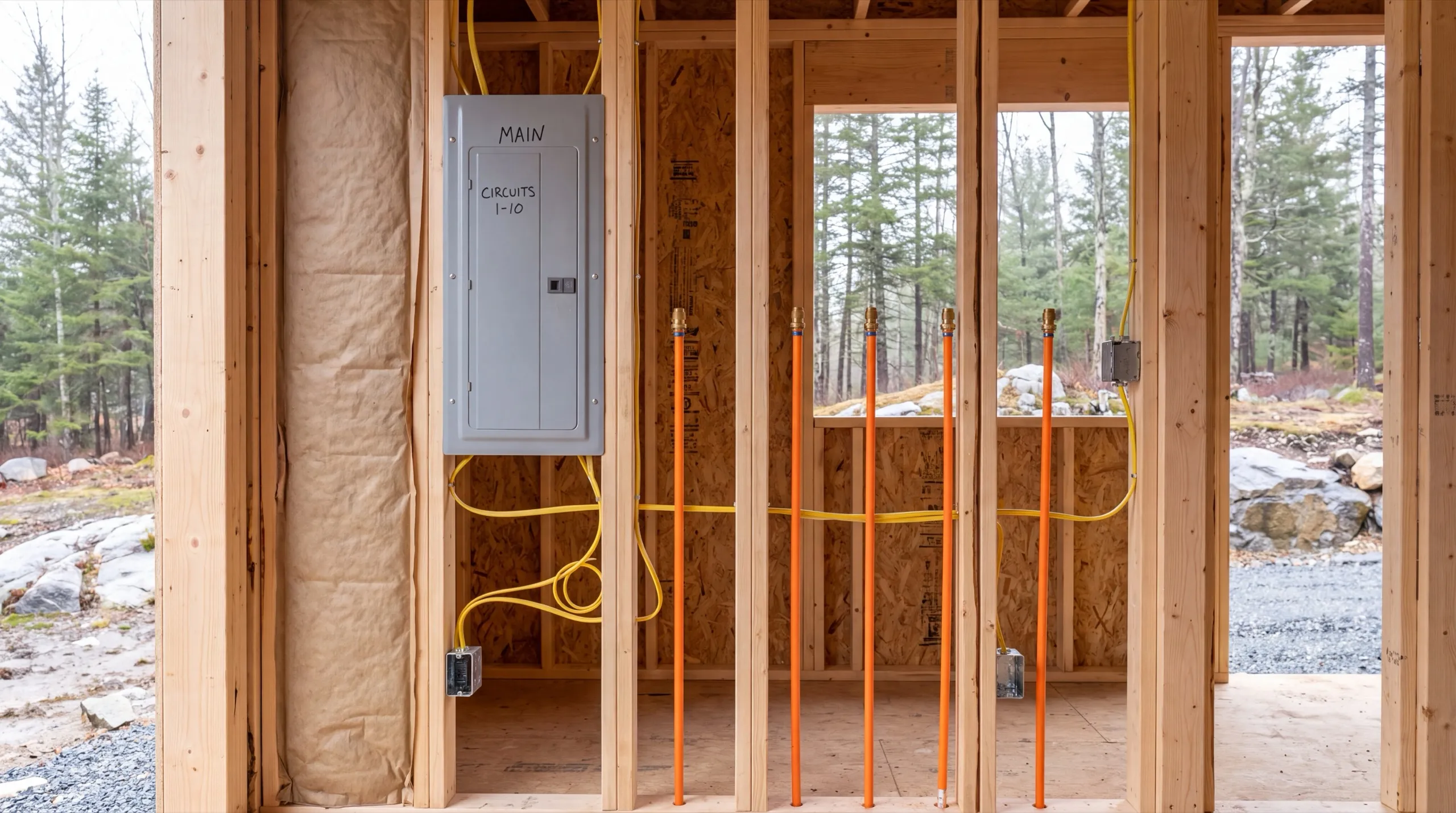 Accessory dwelling unit builder Richmond Maine: open stud walls with an electrical panel, wiring and capped plumbing lines
