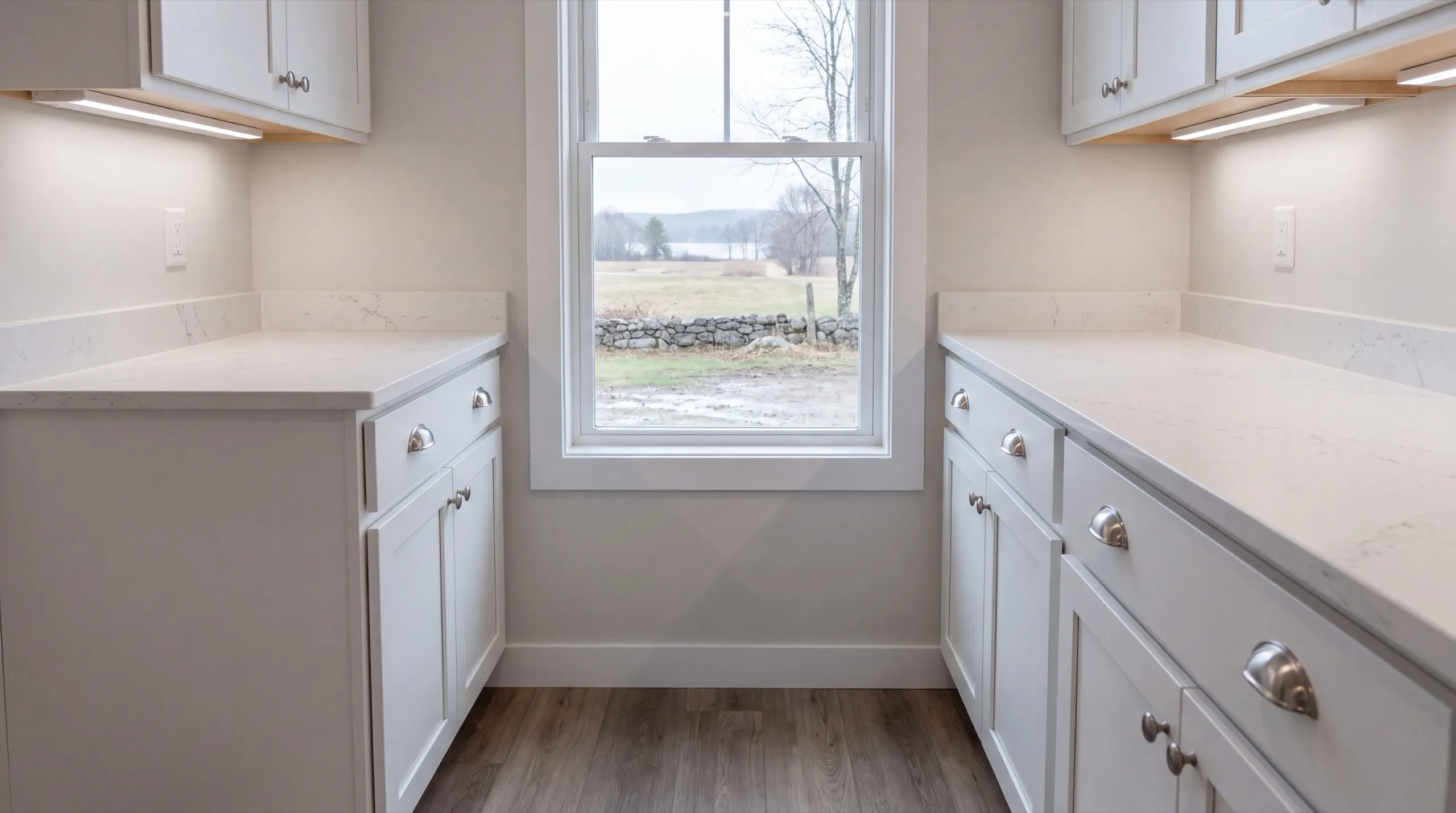 ADU builder Sidney Maine: finished white galley cabinets with stone counters below a window to a field