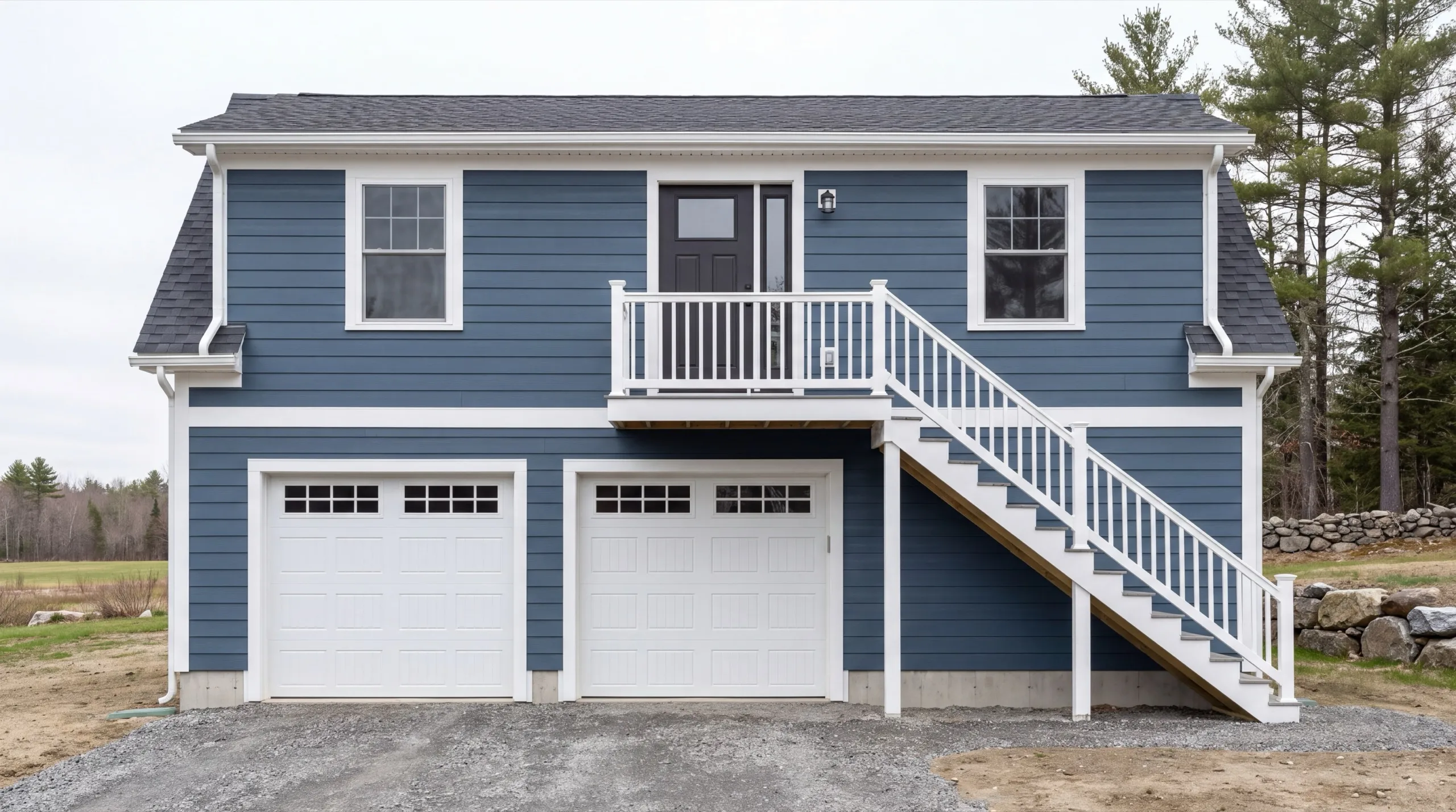 Accessory dwelling unit builder Sidney Maine: finished blue two-bay garage with an apartment above and a stair to a deck