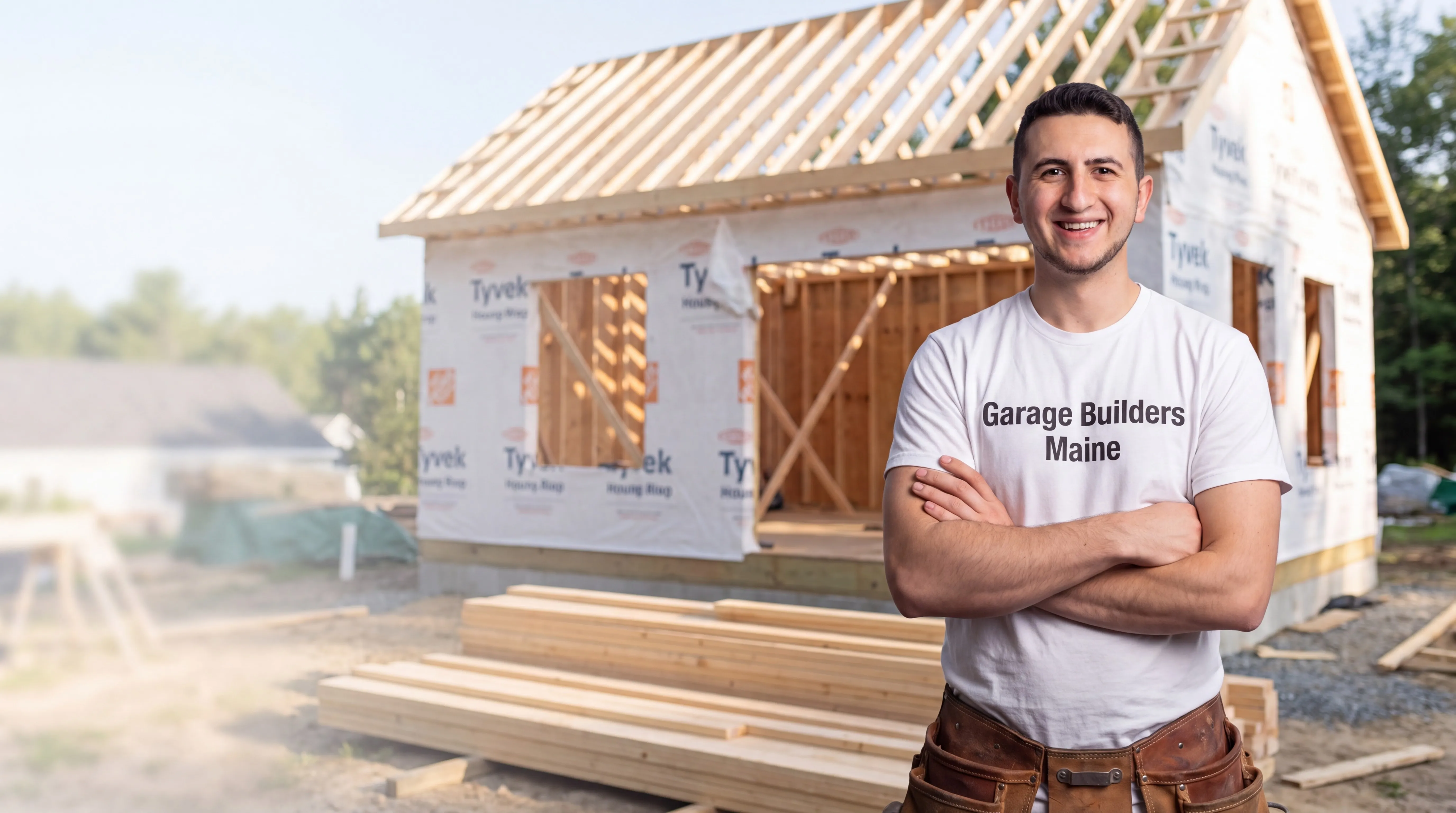 ADU builder Sidney Maine: owner with arms crossed in front of a small framed building in house wrap