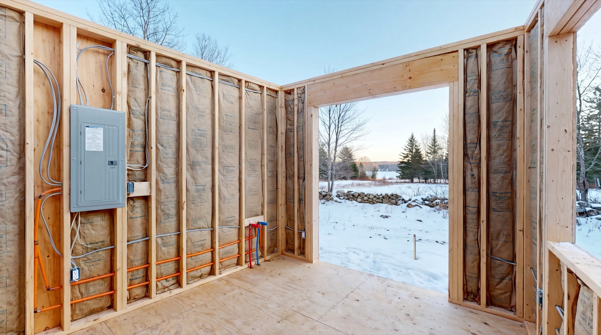 Accessory dwelling unit builder Sidney Maine: open stud walls with insulation, an electrical panel, wiring and plumbing lines