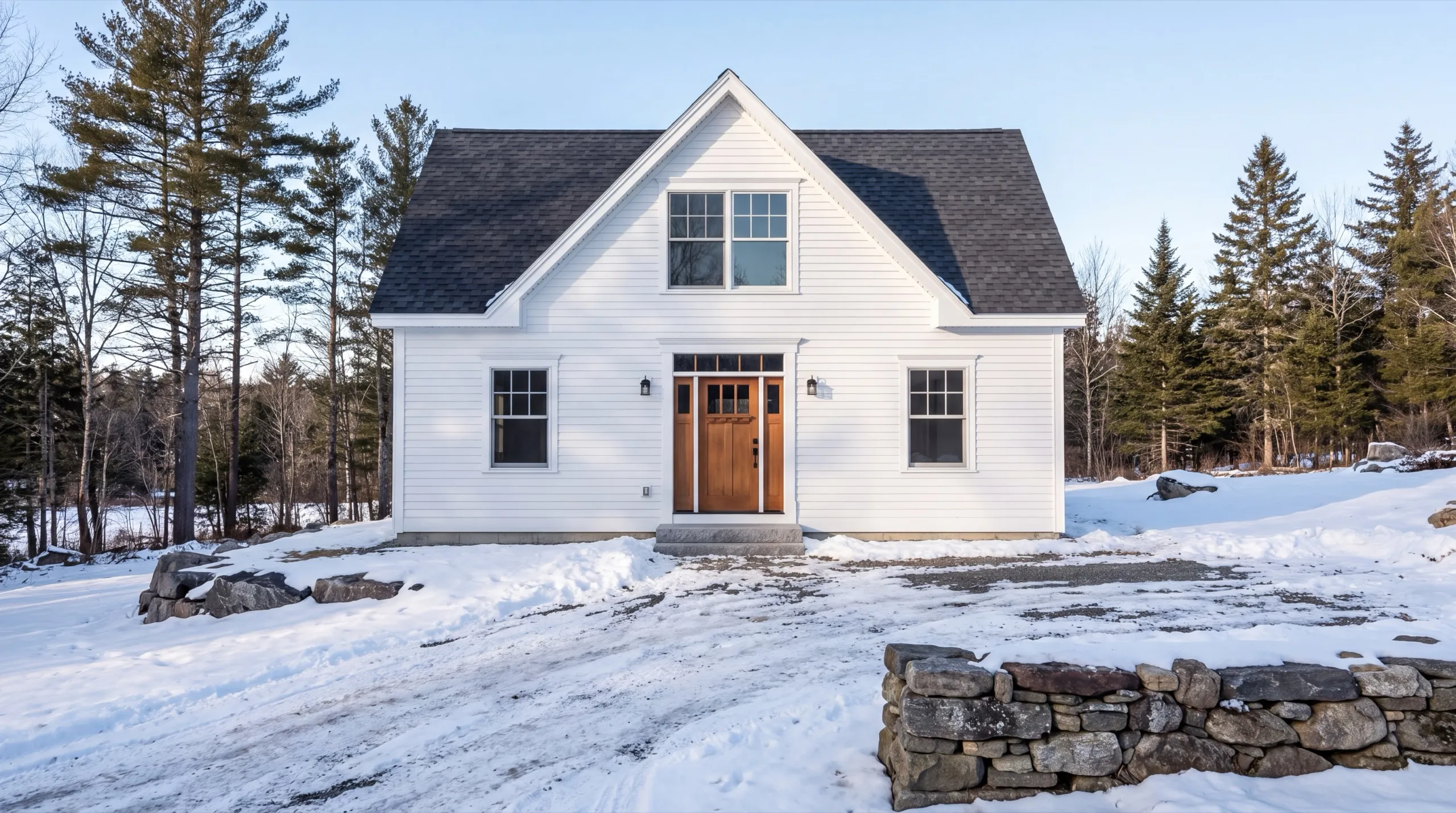 Accessory dwelling unit builder Central Maine: finished white cottage with a front gable and wood entry door in snow