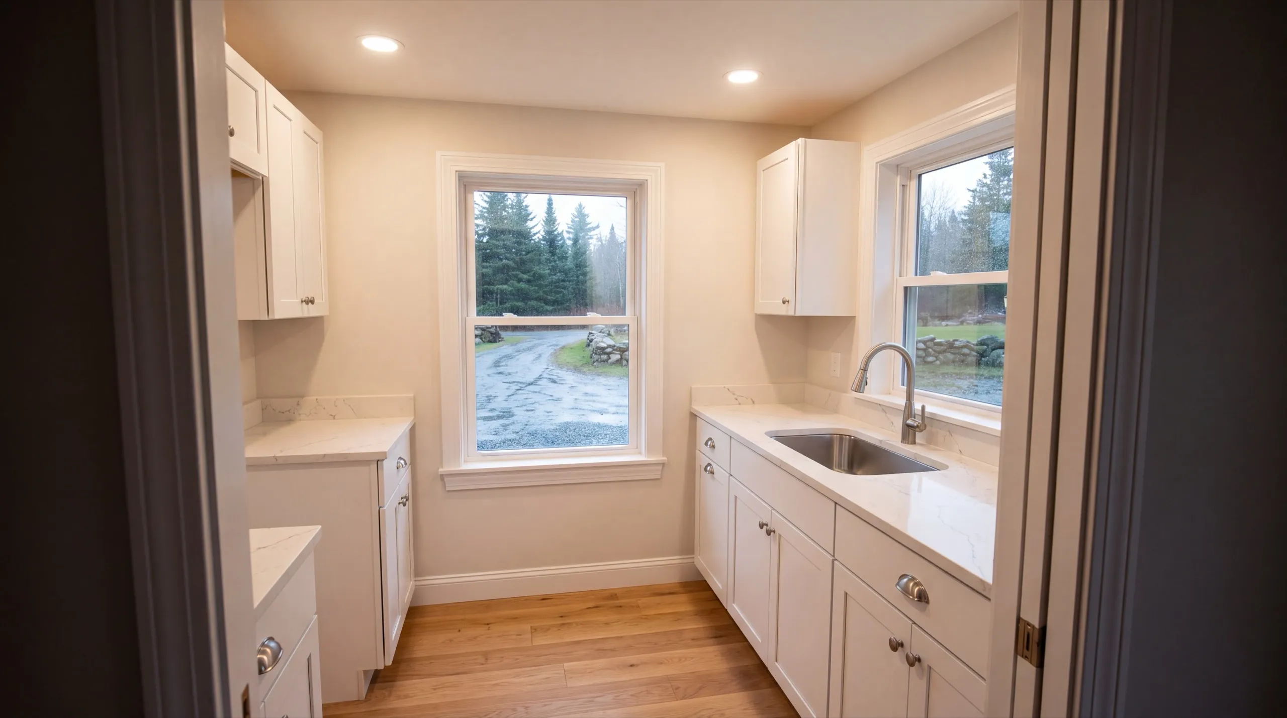 ADU builder Vassalboro Maine: finished small kitchen with white cabinets, a sink and two windows
