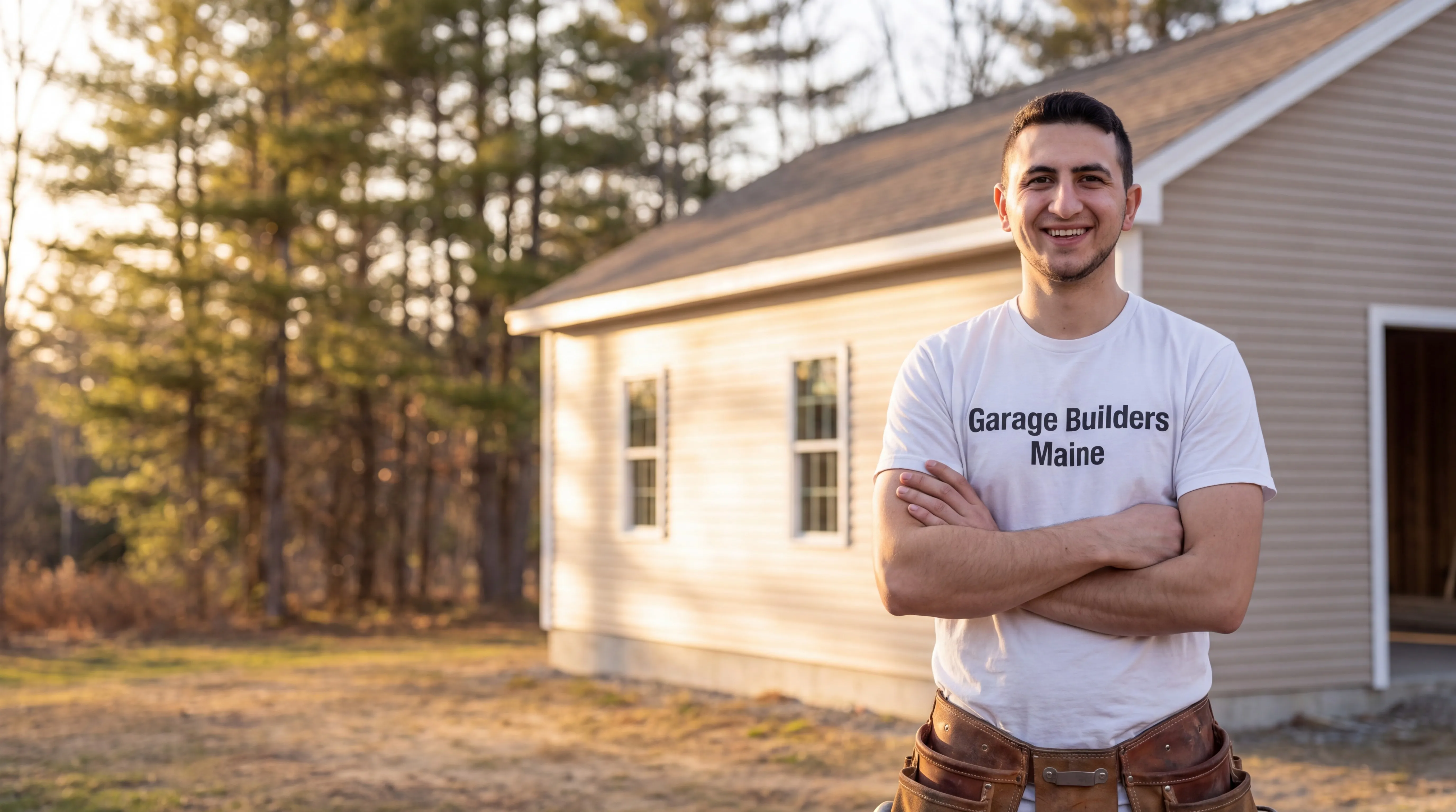 Garage Builders Maine owner with arms crossed beside a finished tan single-story building with an open bay in Vassalboro, Maine