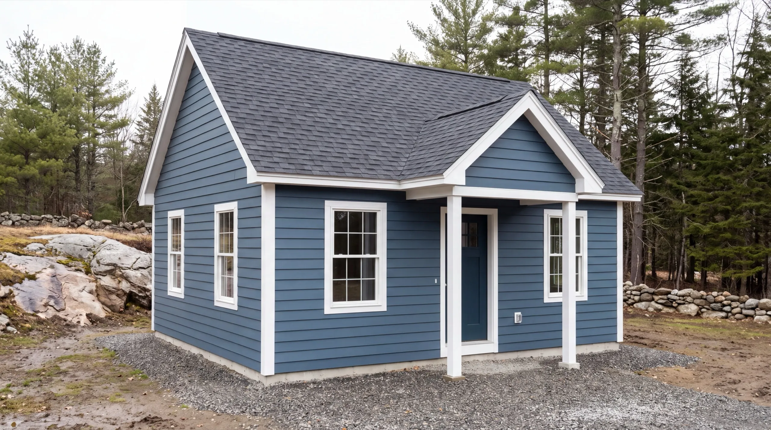 ADU builder Vassalboro Maine: finished small blue cottage with a gabled front porch on a gravel pad