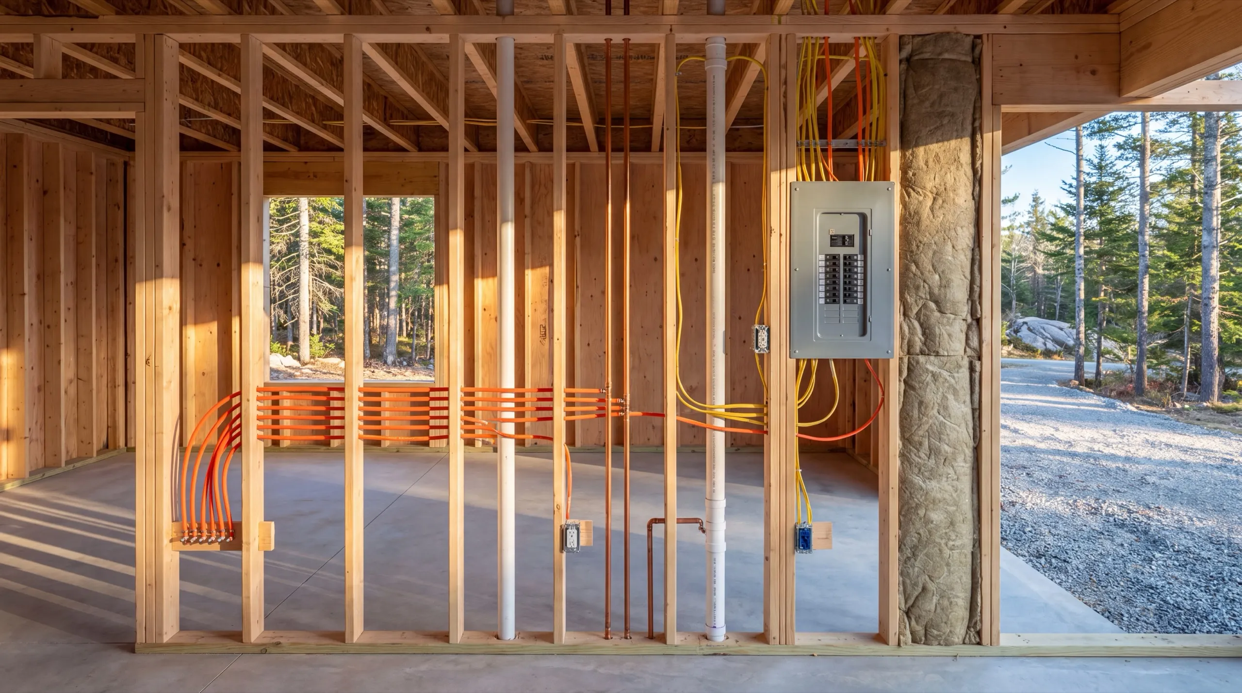 Accessory dwelling unit builder Vassalboro Maine: framed walls on a concrete slab with an electrical panel, wiring and plumbing lines
