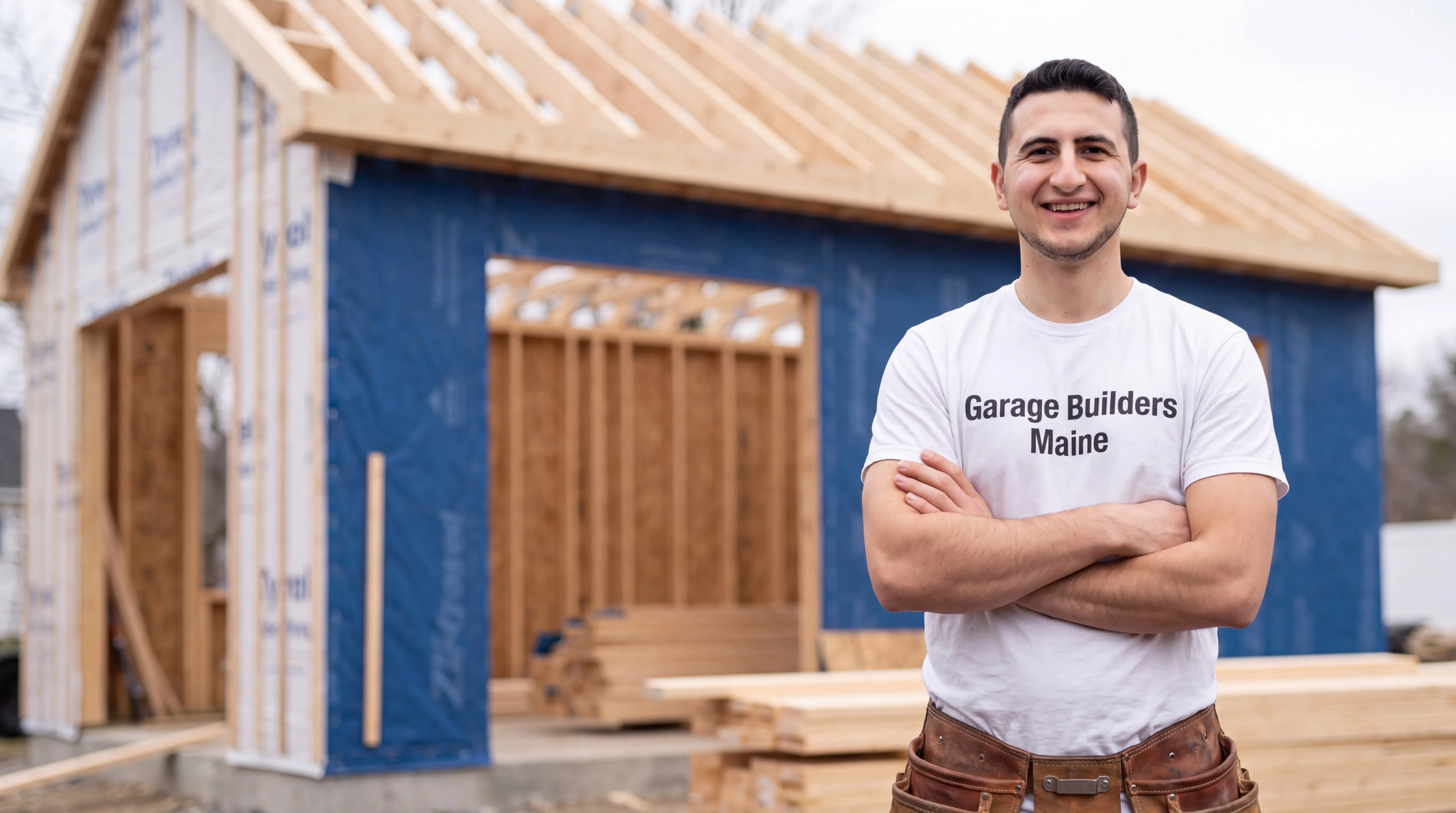 Garage Builders Maine owner with arms crossed in front of a framed garage shell with rafters set in West Gardiner, Maine