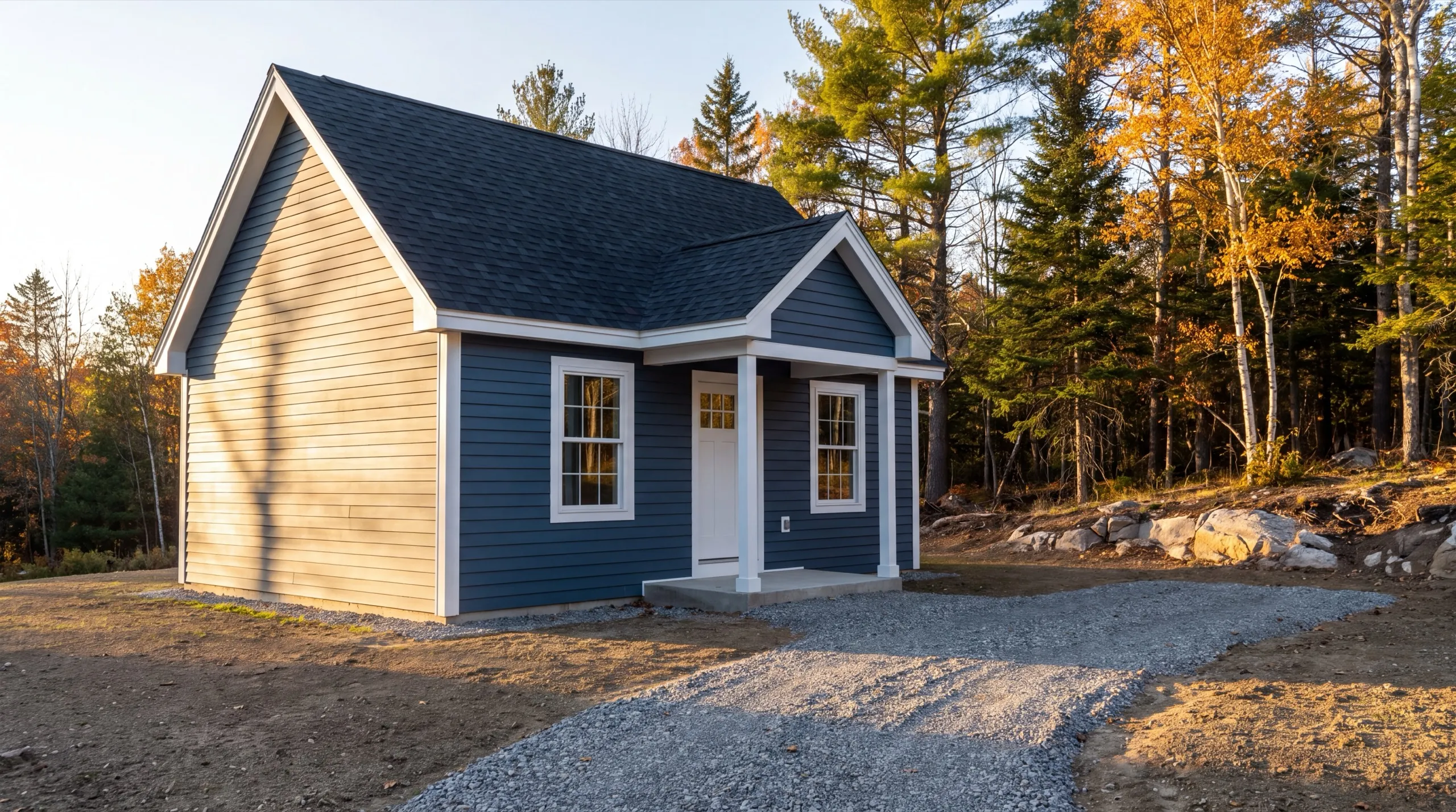 ADU builder West Gardiner Maine: finished small blue cottage with a gabled front porch at the edge of woods