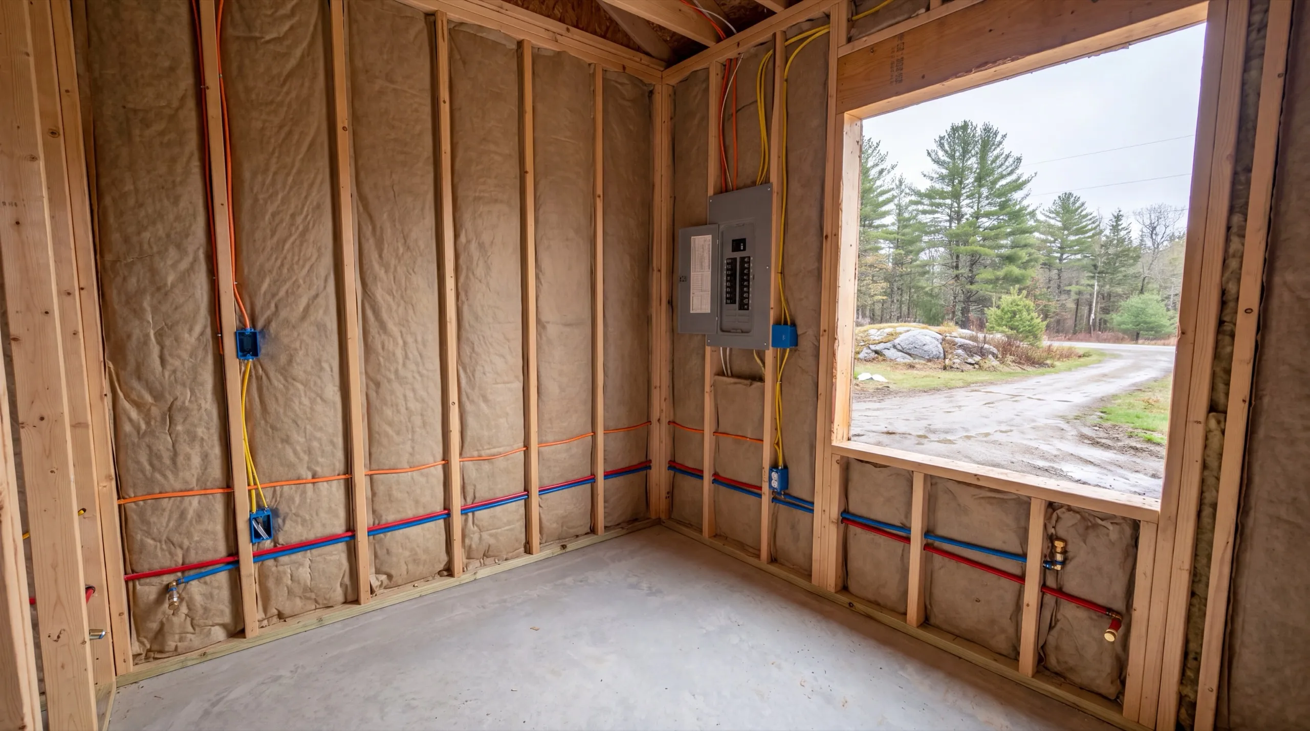 Accessory dwelling unit builder West Gardiner Maine: open stud walls with insulation, an electrical panel, wiring and plumbing lines