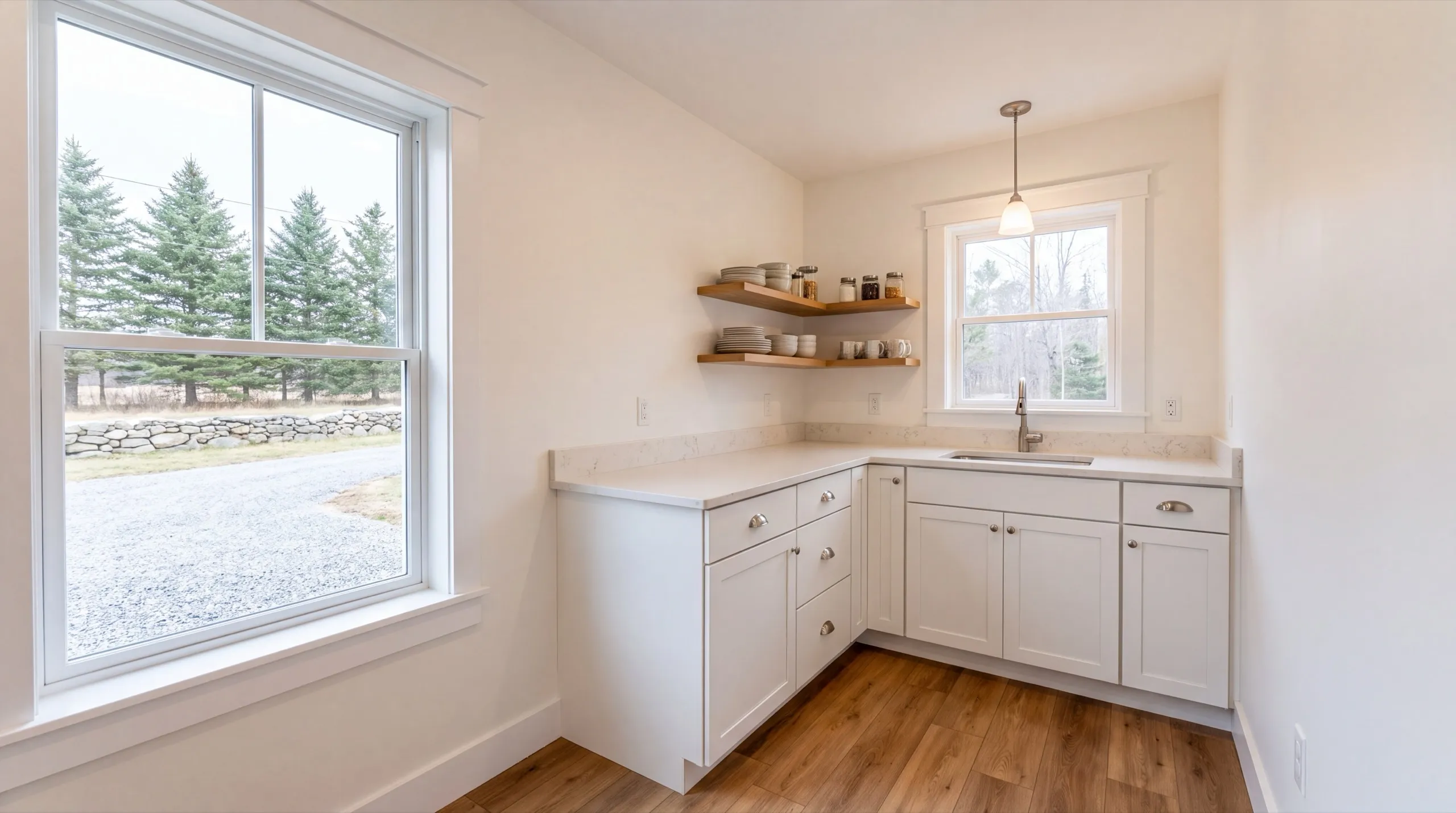 ADU builder Whitefield Maine: finished small L-shaped kitchen with open shelves and a window over the sink