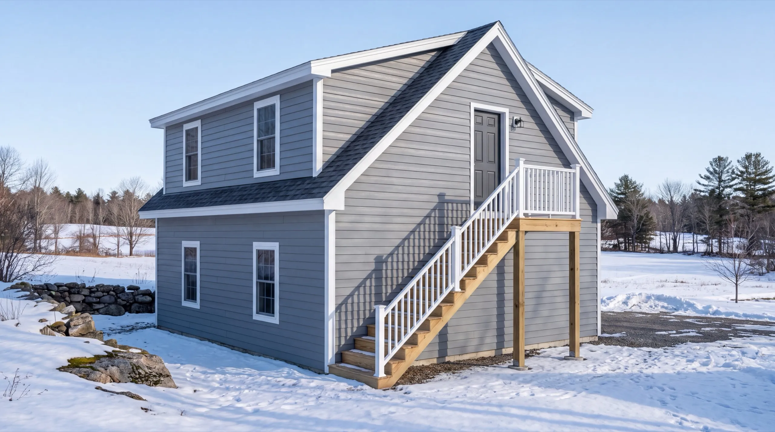 Accessory dwelling unit builder Whitefield Maine: finished gray two-story unit with an exterior stair to an upper entry in snow