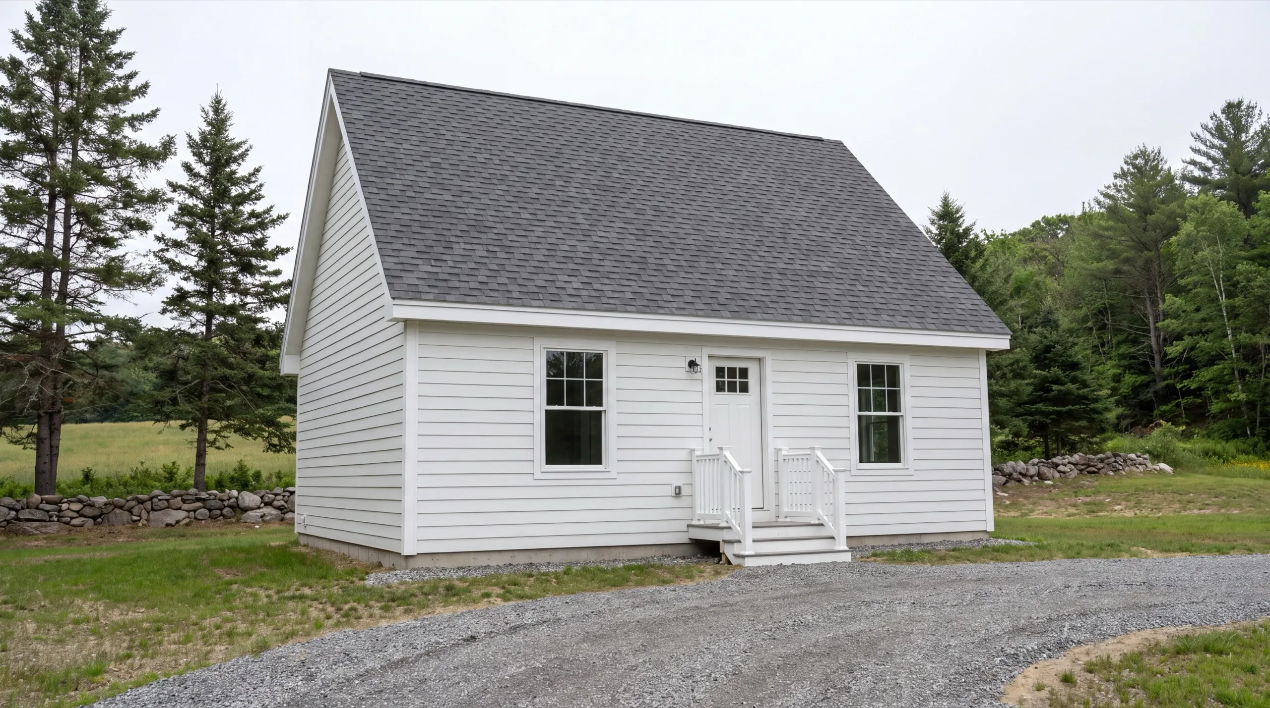 ADU builder in Whitefield, ME: finished small white cape with a dark roof and front entry steps