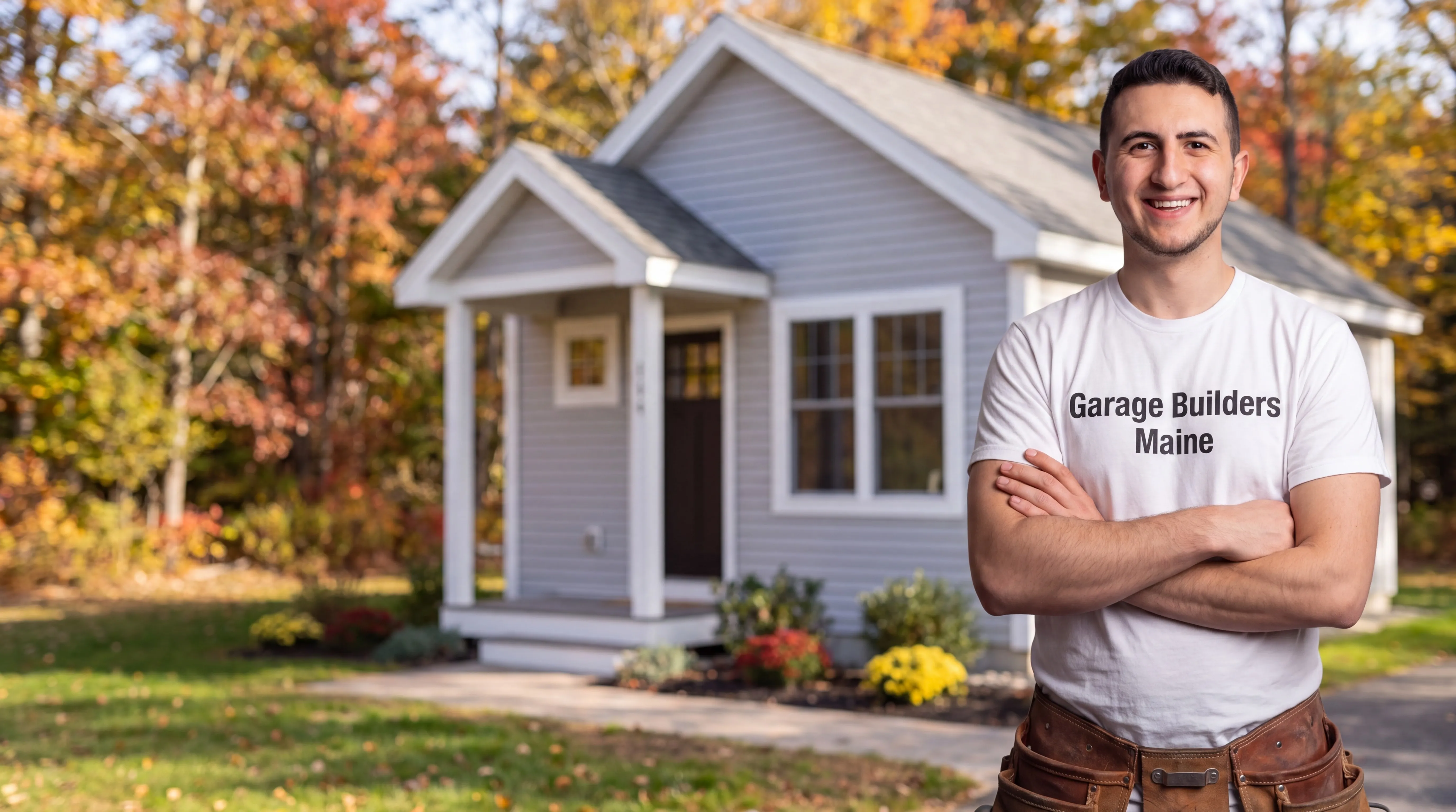 ADU builder Whitefield Maine: owner with arms crossed in front of a finished gray cottage with a porch