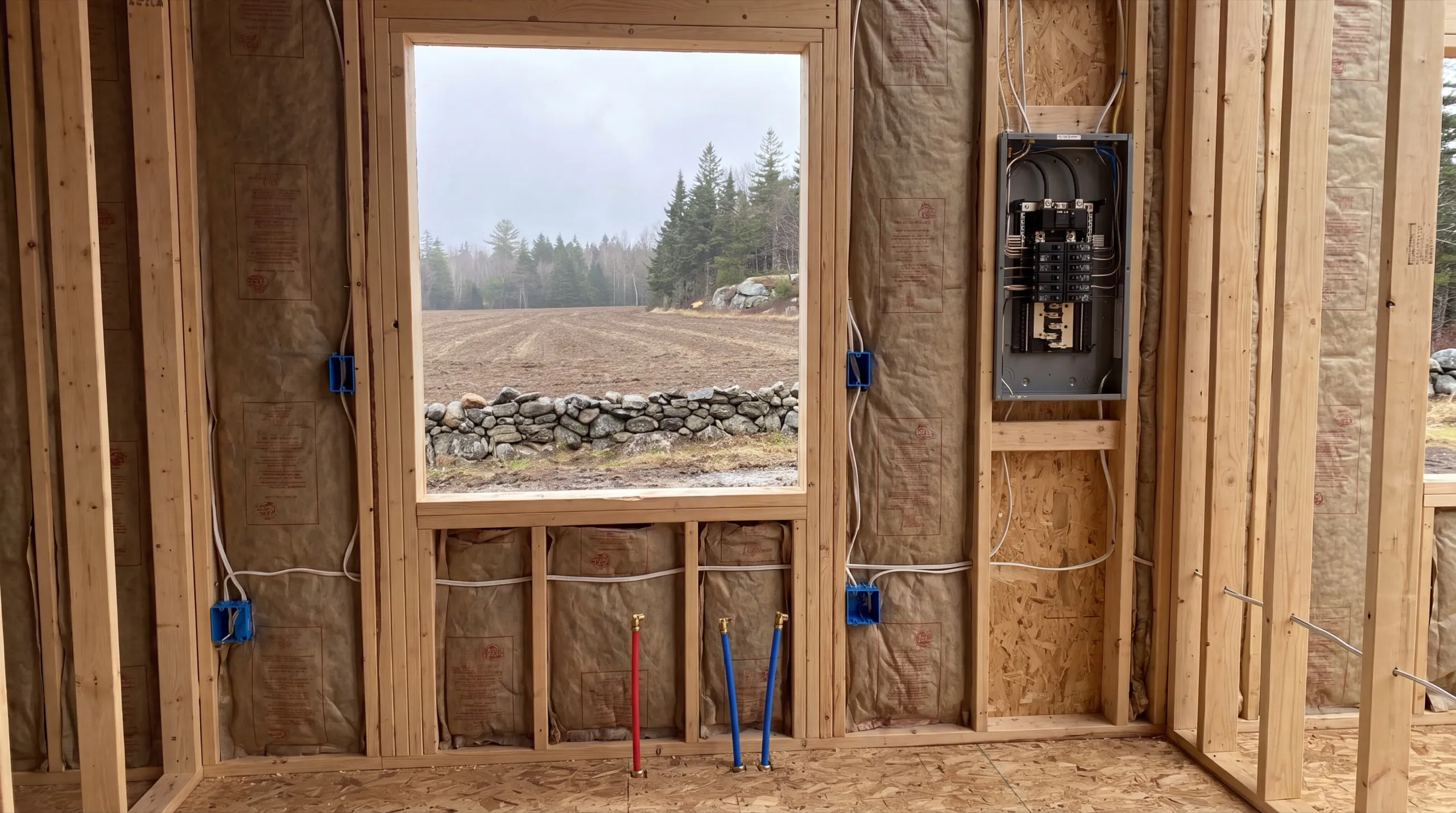 Accessory dwelling unit builder Whitefield Maine: open stud wall with a window opening, an open electrical panel and plumbing stubs