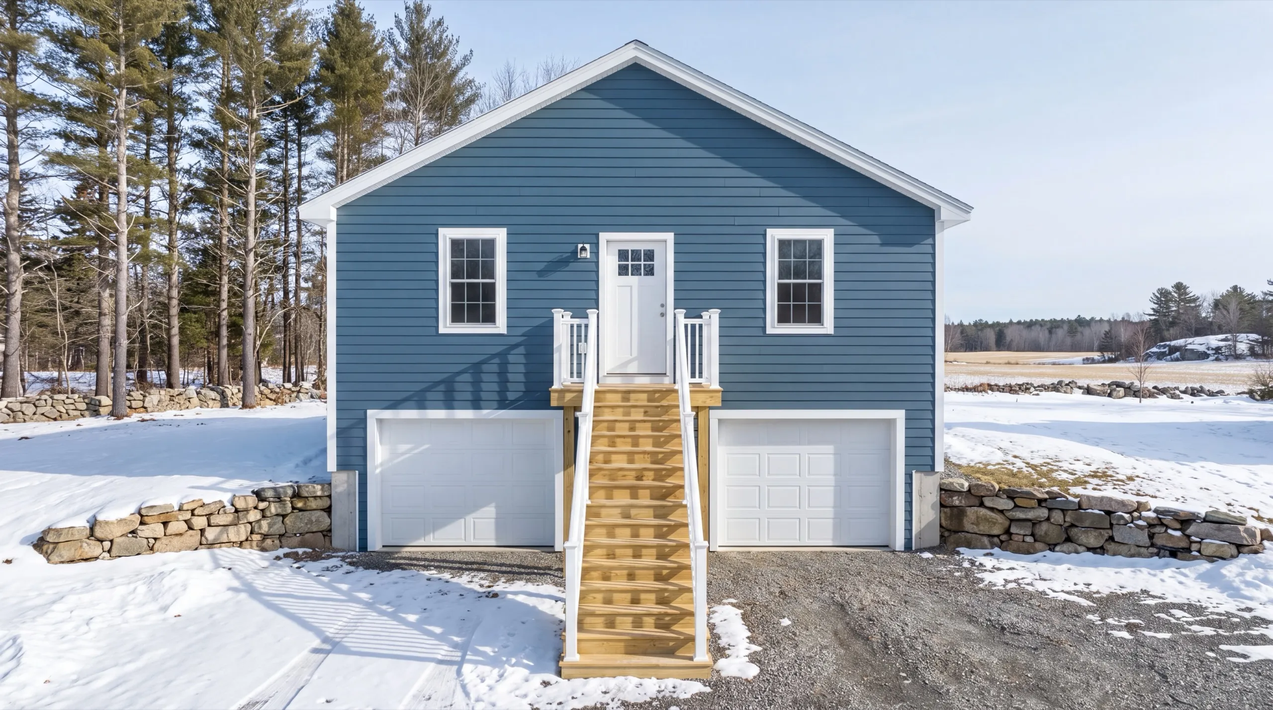 Accessory dwelling unit builder Windsor Maine: finished blue unit over two garage doors with a center stair to its entry