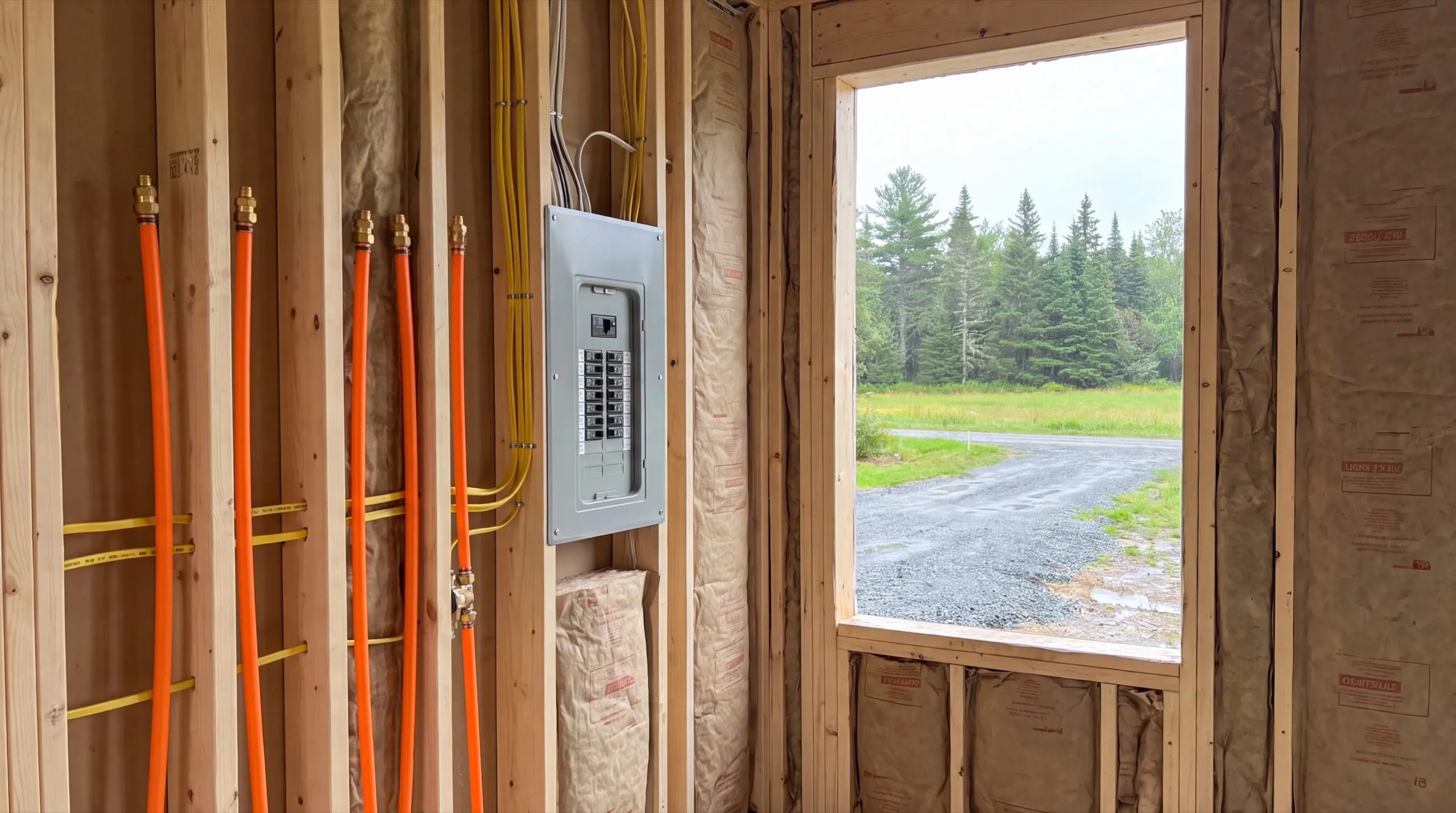Accessory dwelling unit builder Windsor Maine: open stud wall with plumbing lines, wiring and an electrical panel by a window