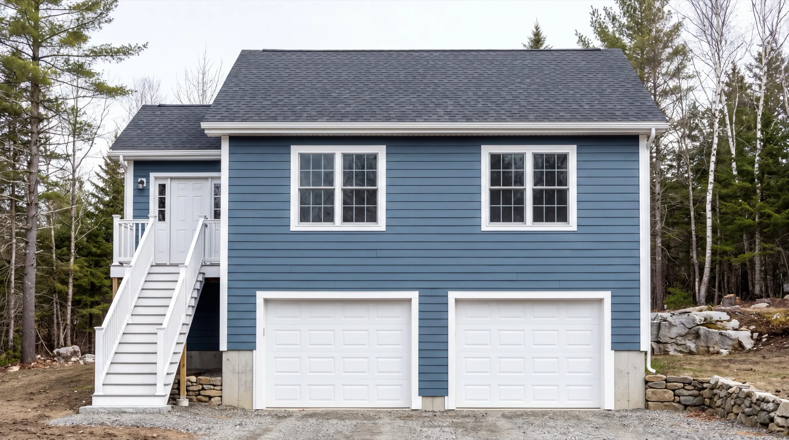 Accessory dwelling unit builder Winthrop Maine: finished blue two-bay garage with living space above and a side entry stair