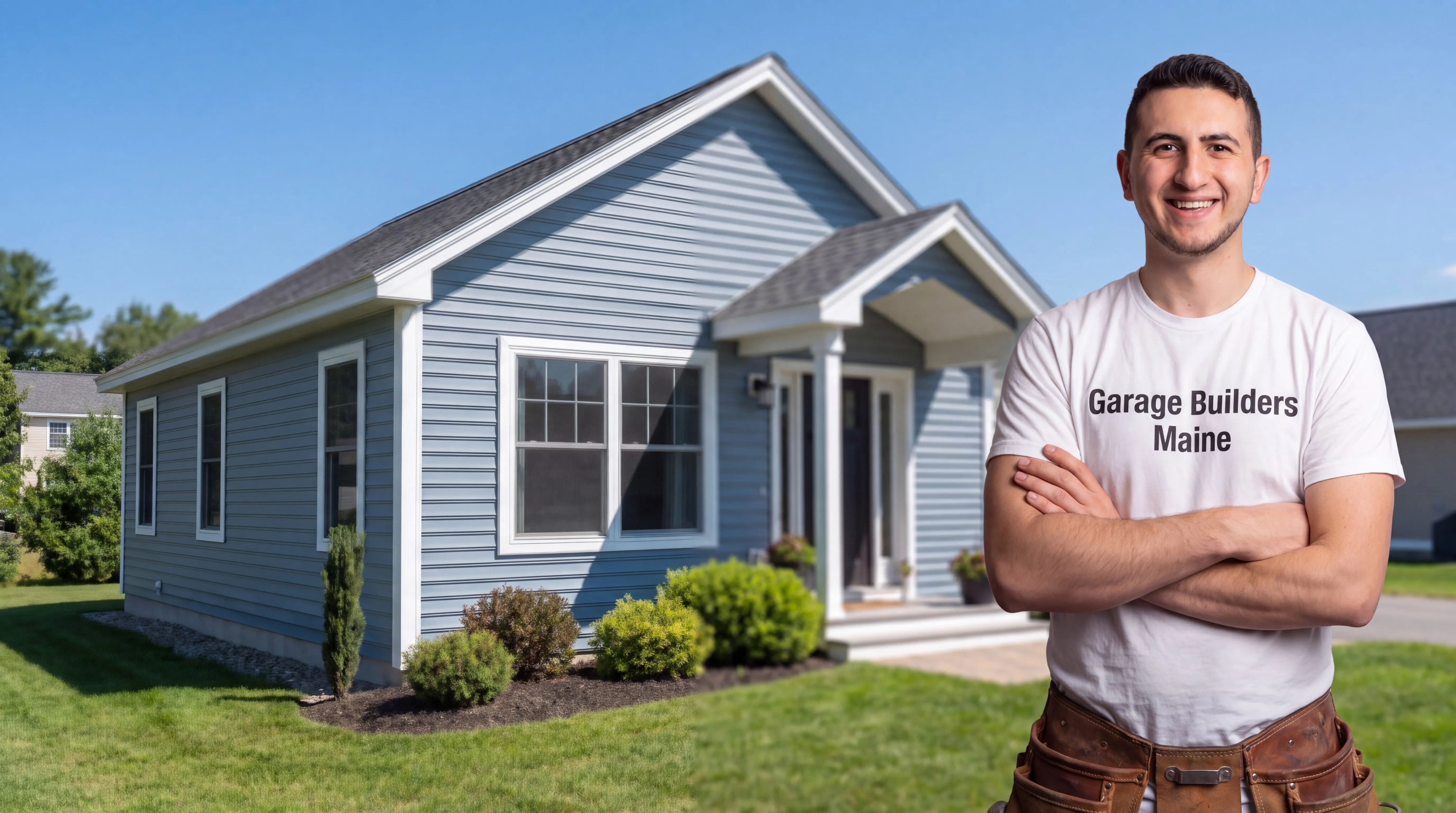 ADU builder Winthrop Maine: owner with arms crossed in front of a finished blue cottage with a porch