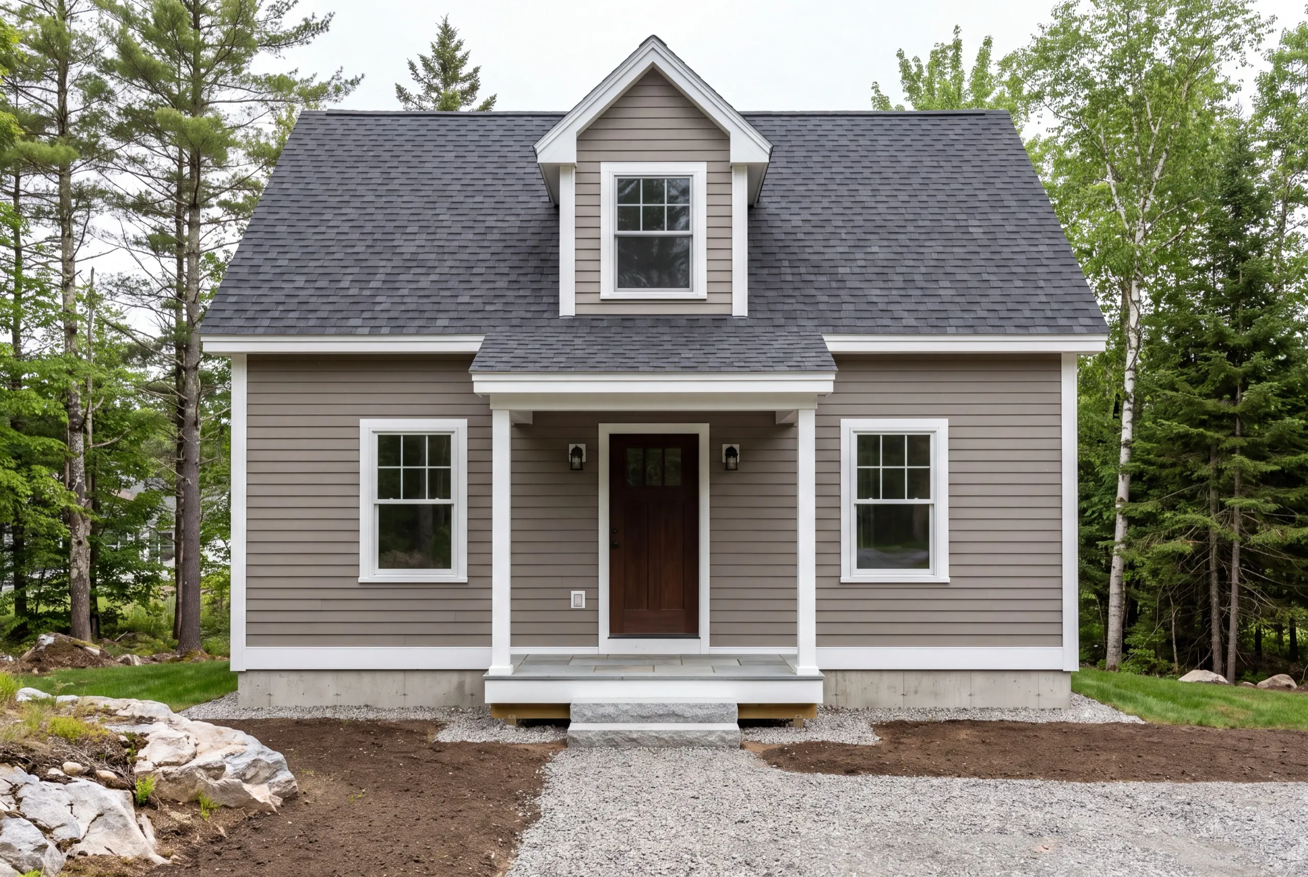 In-law apartment builder Winthrop Maine: finished tan cottage with a front dormer and covered entry on a concrete foundation