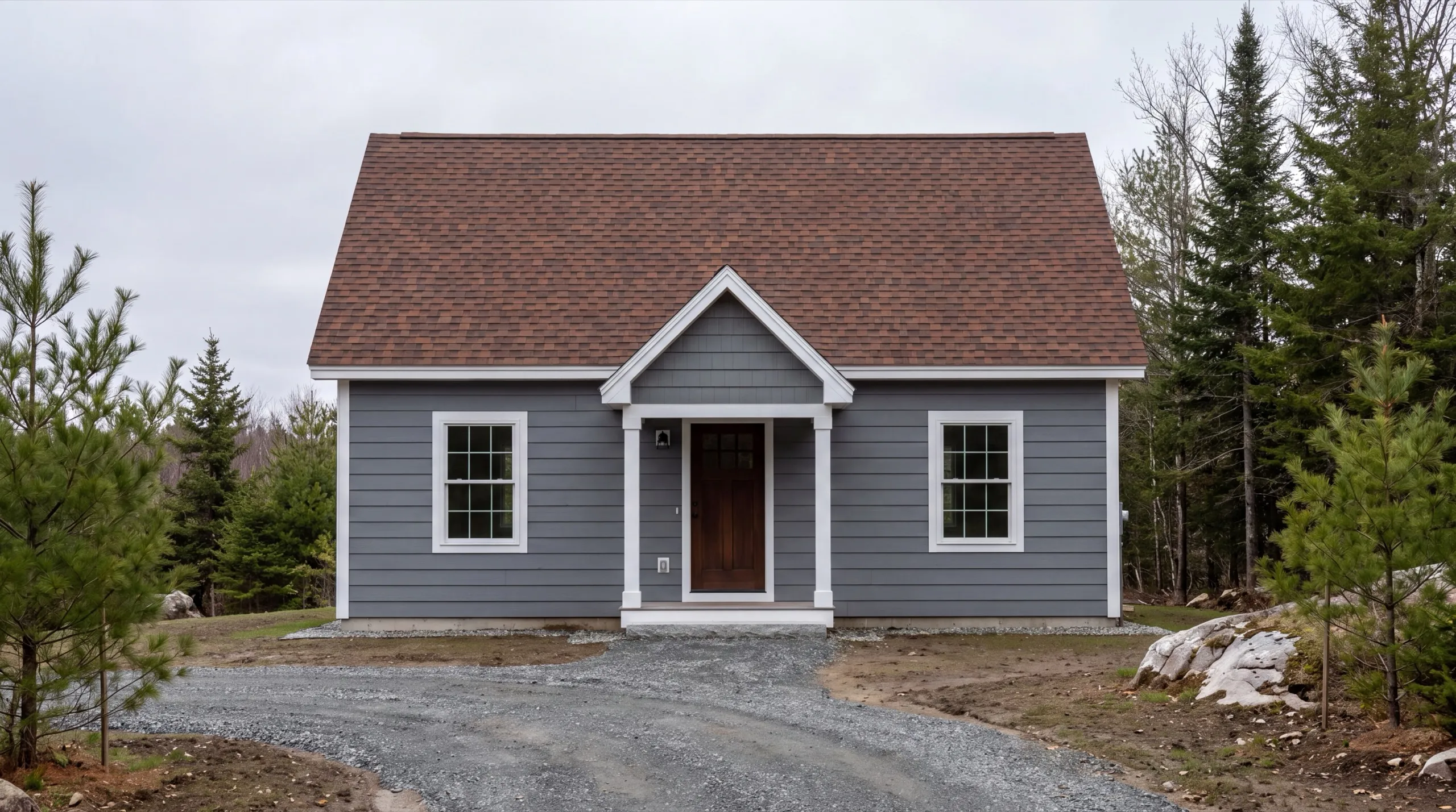 ADU builder Winthrop Maine: finished small gray cottage with a brown roof and gabled entry