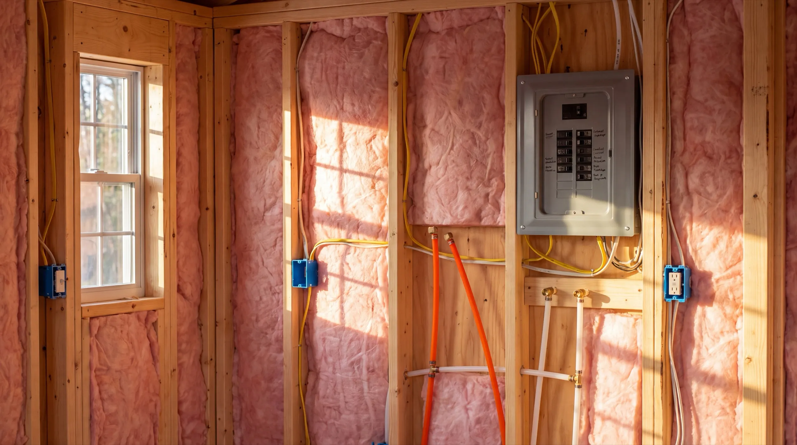 Accessory dwelling unit builder Winthrop Maine: open stud walls with pink insulation, an electrical panel, wiring and plumbing lines