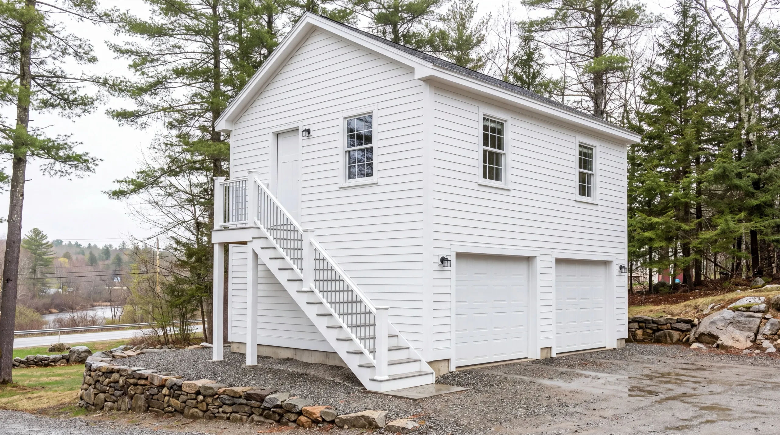 Accessory dwelling unit builder Wiscasset Maine: finished white two-bay garage with an apartment above and an exterior side stair