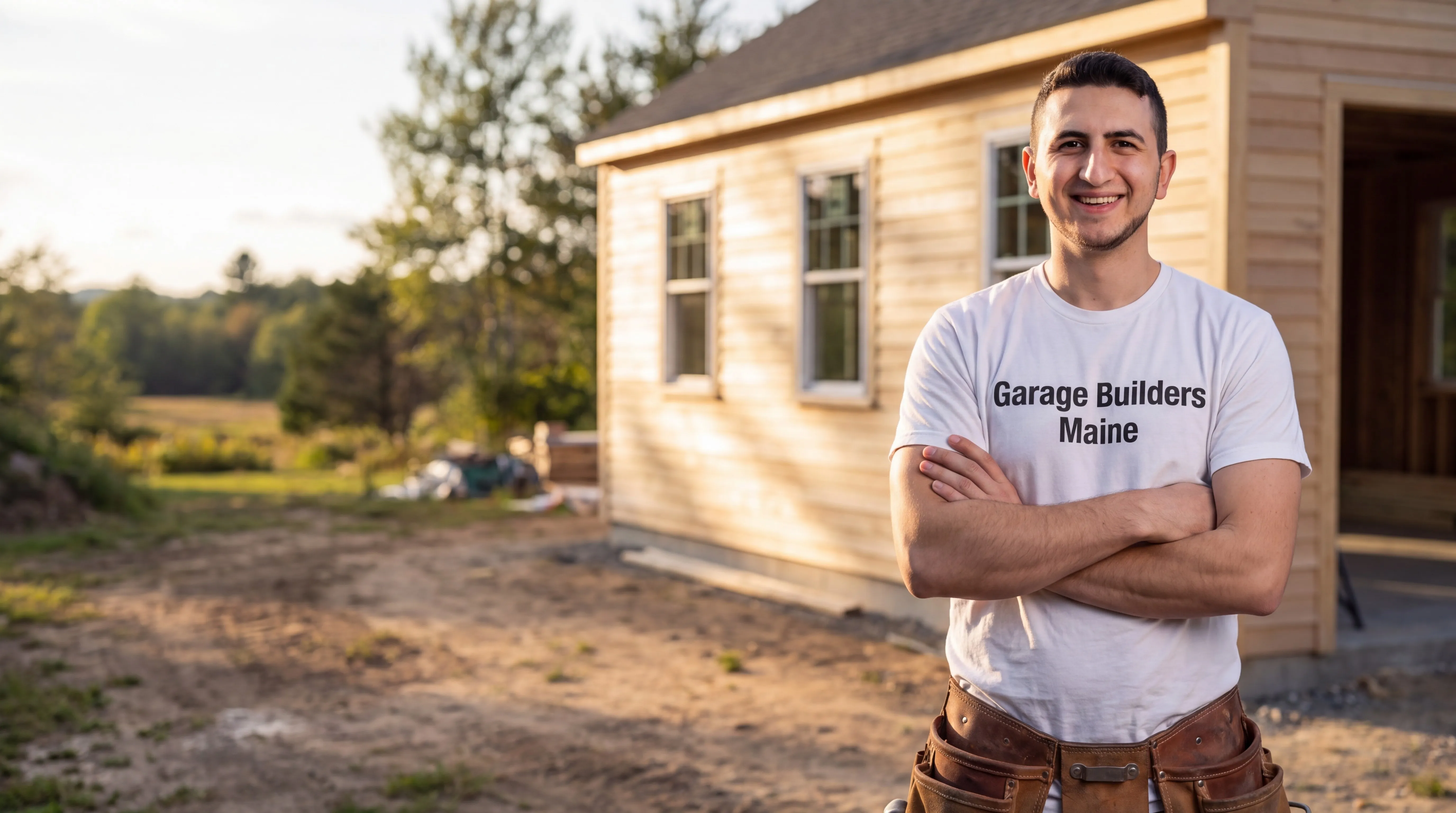 Owner of Garage Builders Maine standing with his arms crossed and smiling at a Maine job site