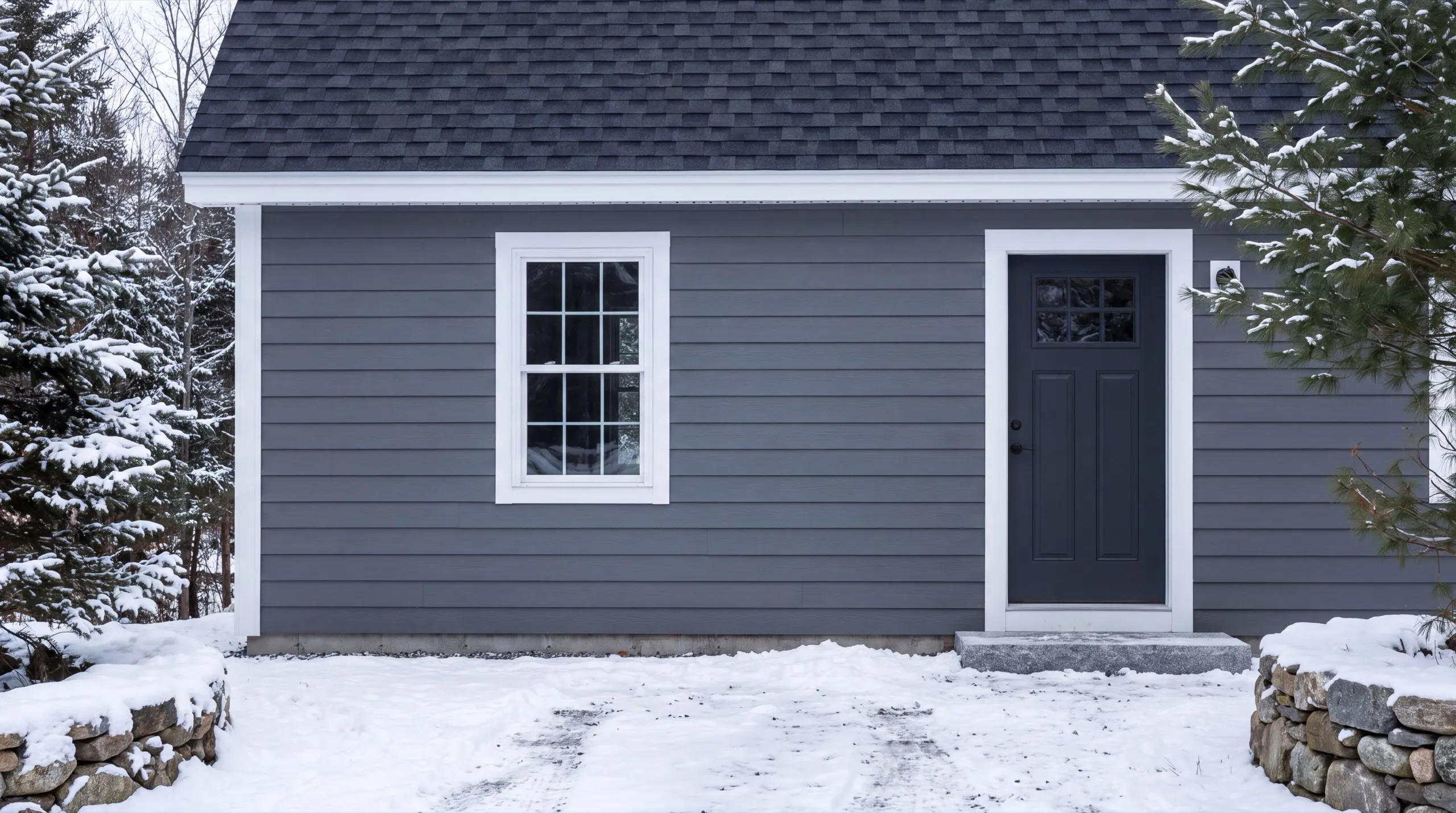 ADU builder Wiscasset Maine: finished small gray building with a window and a dark entry door in snow