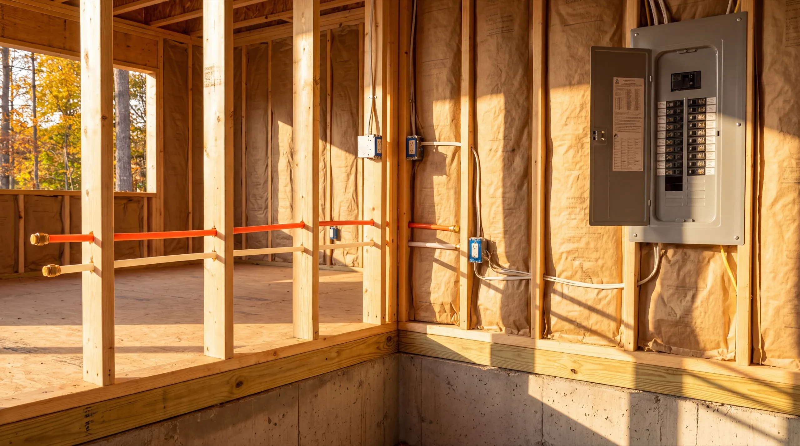 Accessory dwelling unit builder Wiscasset Maine: open stud walls on a concrete foundation with an electrical panel and plumbing lines