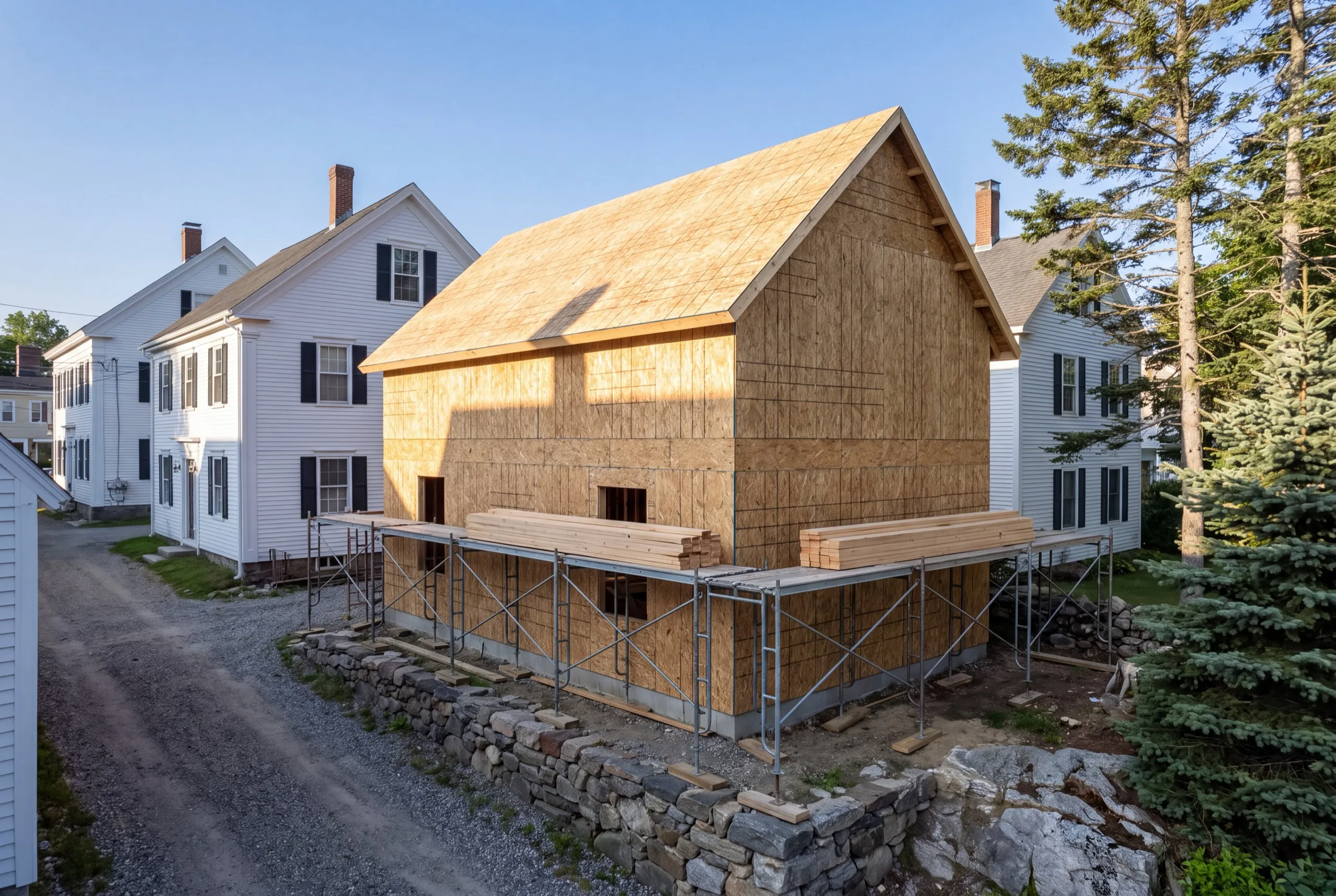 Accessory dwelling unit builder Wiscasset Maine: sheathed two-story shell with scaffold and lumber between older white houses
