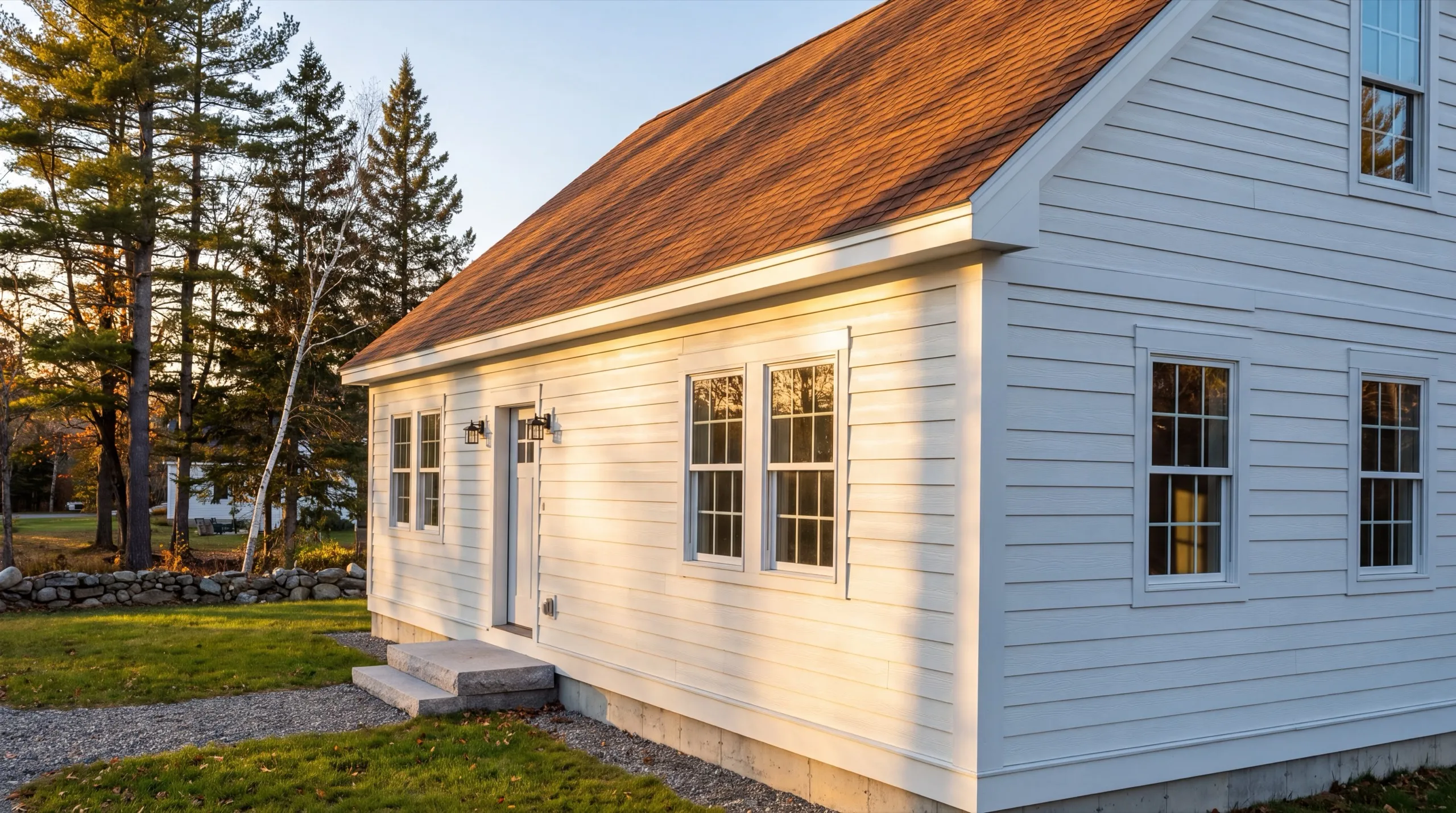 Custom home builder Augusta Maine: finished white house with a brown roof and a side entry door