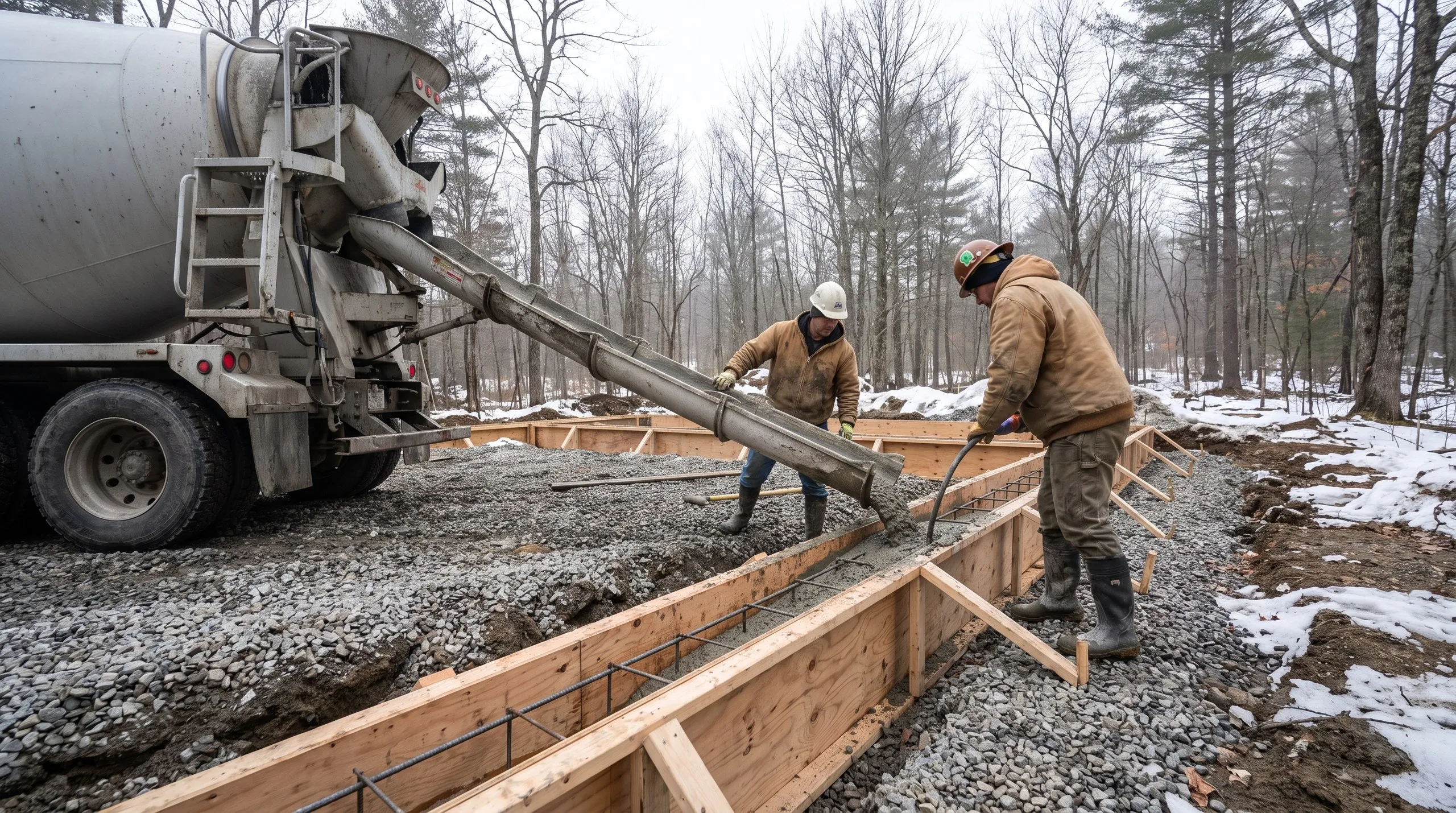 Ready-mix chute pouring concrete into a rebar footing form as two workers guide it in snowy woods in Augusta, Maine