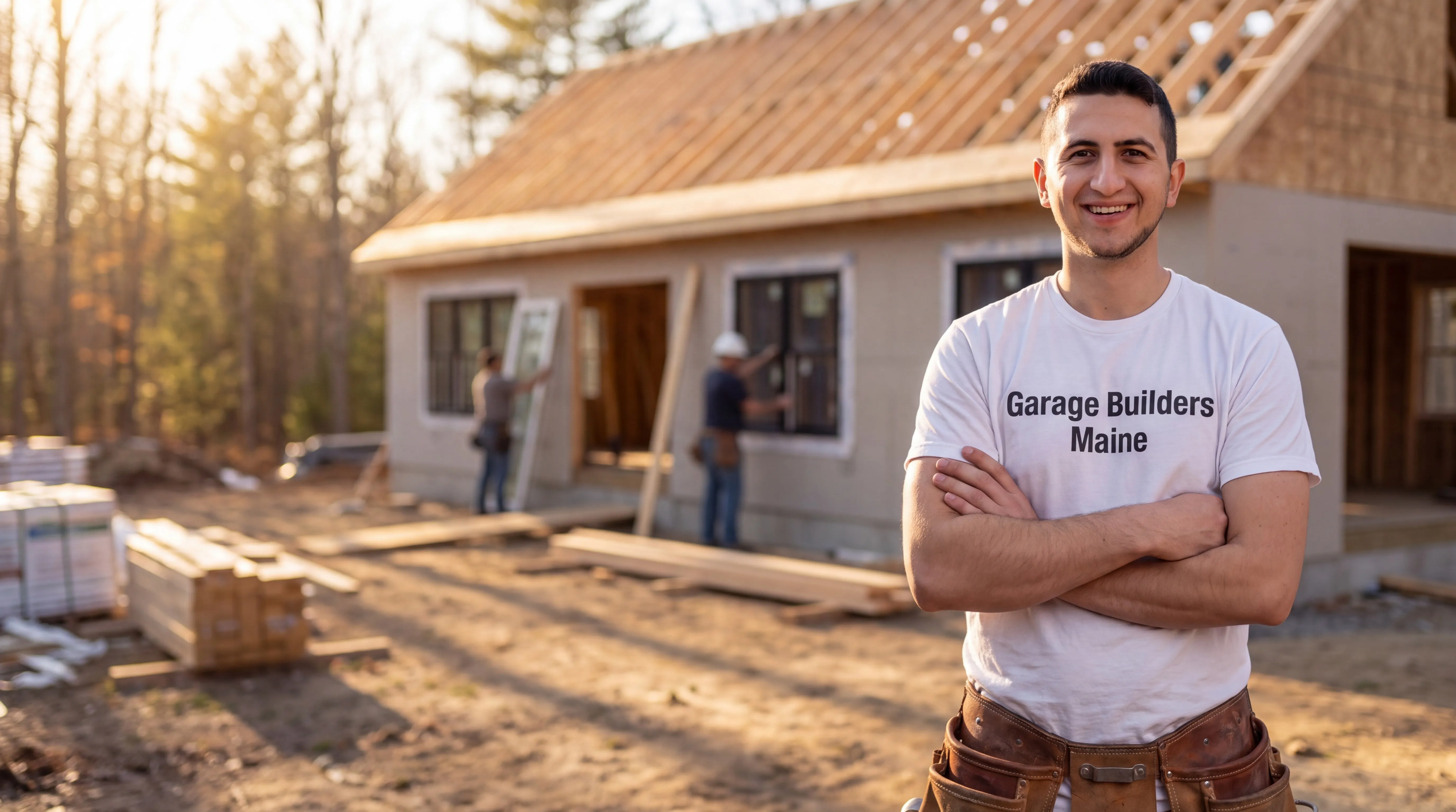 Owner of Garage Builders Maine standing with his arms crossed and smiling at a Maine job site