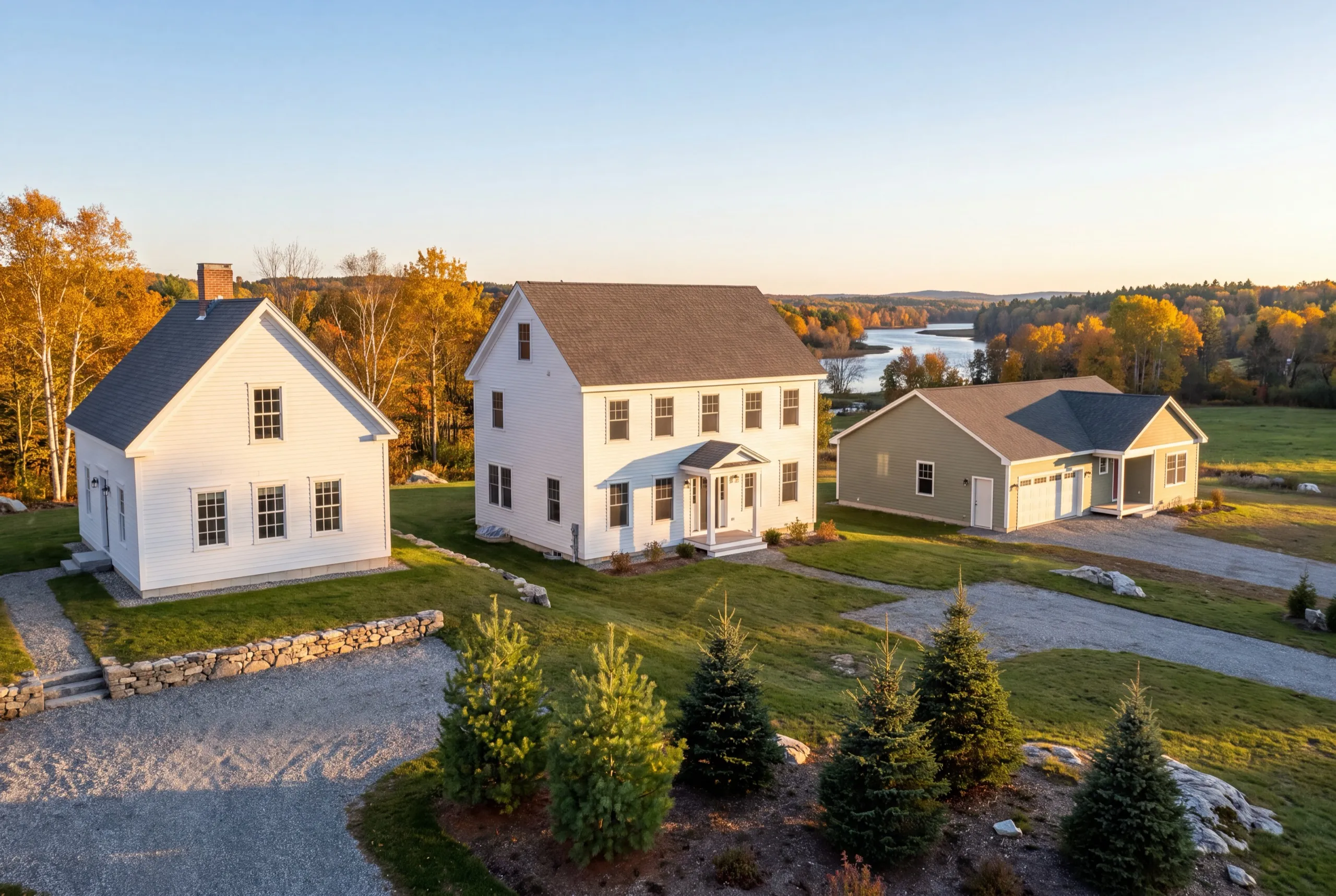 Custom home builder Central Maine: white cape, white two-story colonial and green ranch with garage by a lake