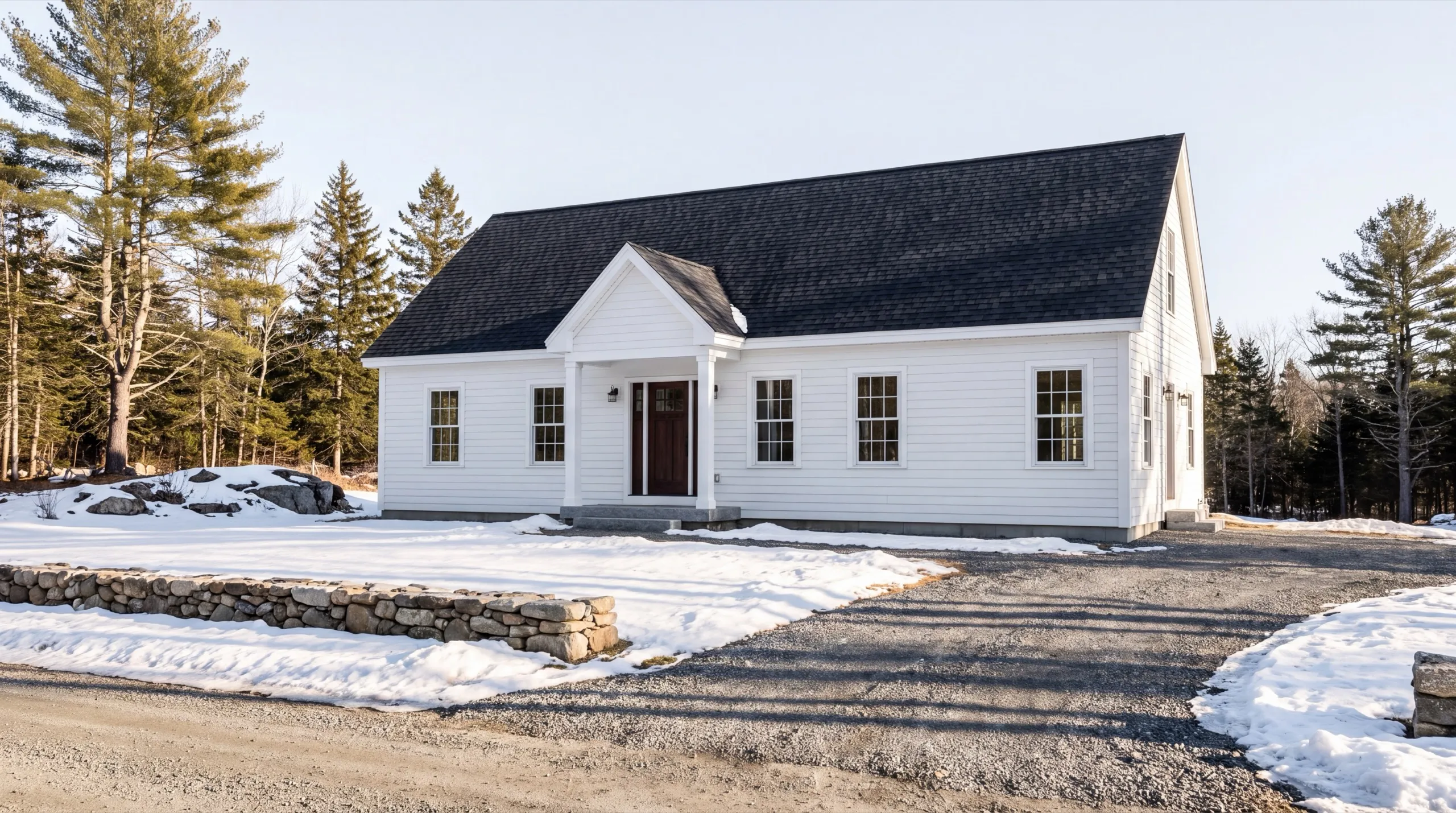 Custom home builder Chelsea Maine: finished white house with a gabled entry and gravel drive in snow
