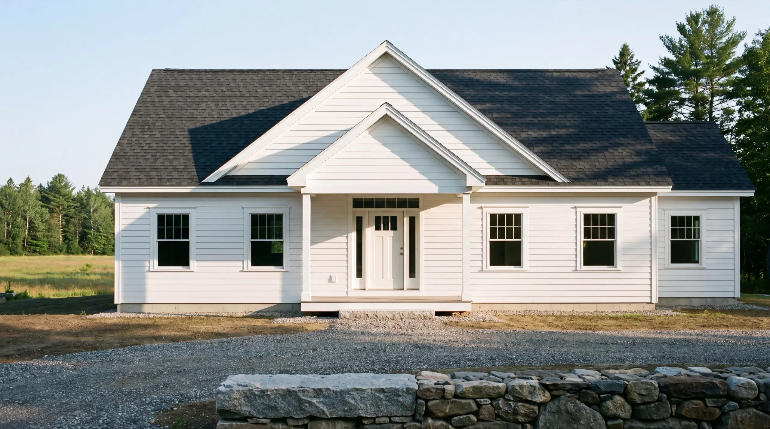 Custom home builder in Chelsea, ME: finished white one-story house with a center gable and covered entry
