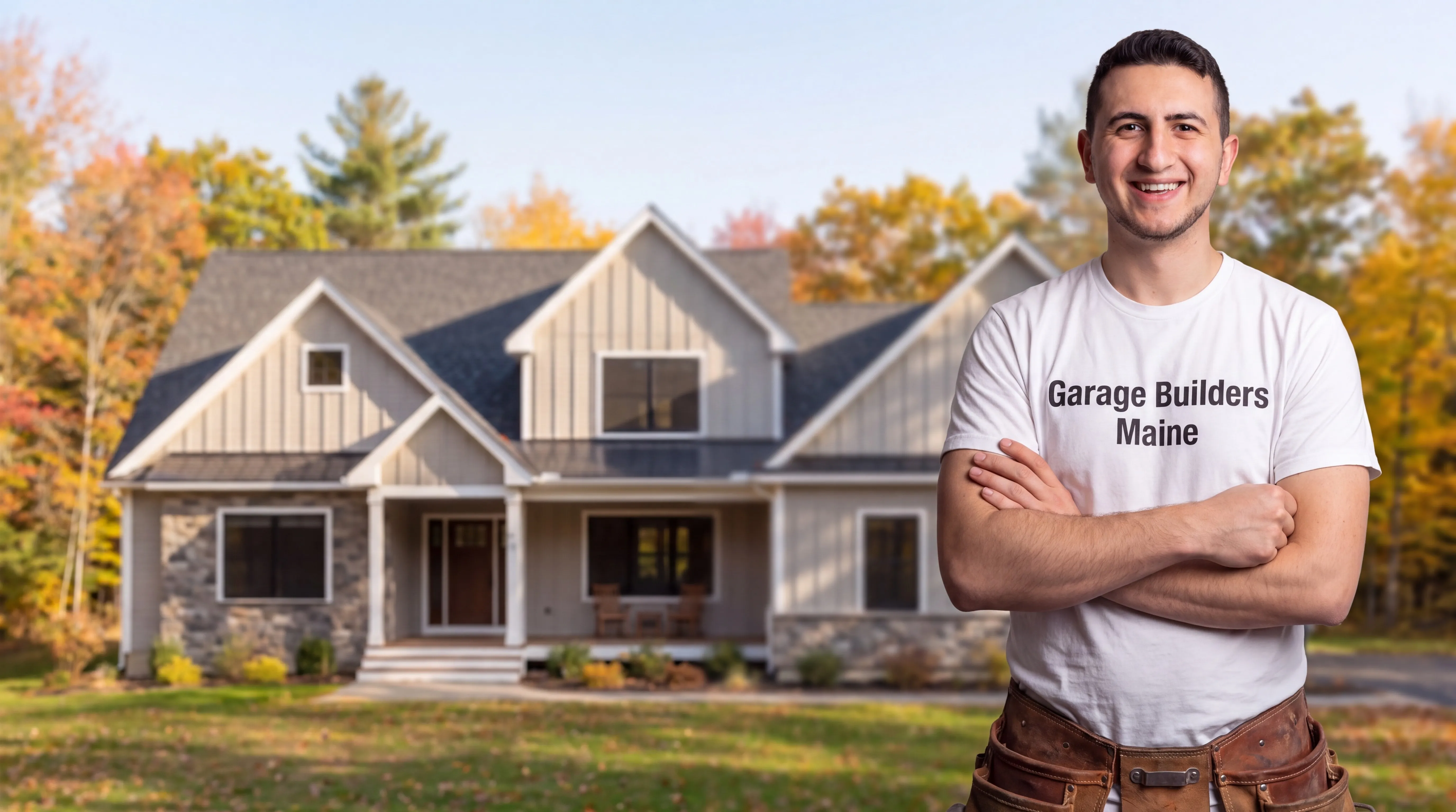Custom home builder Chelsea Maine: owner with arms crossed in front of a finished two-story house with stone accents