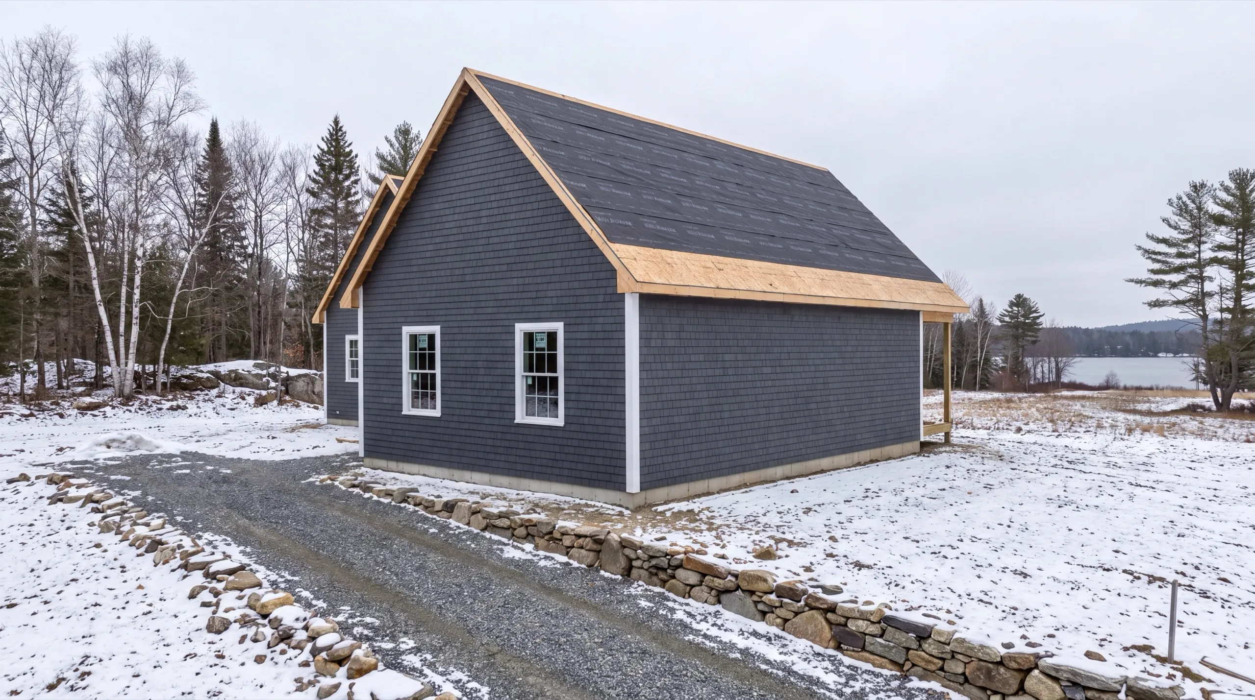 New home builder Chelsea Maine: house with dark gray shingle siding on, roof in underlayment and raw trim