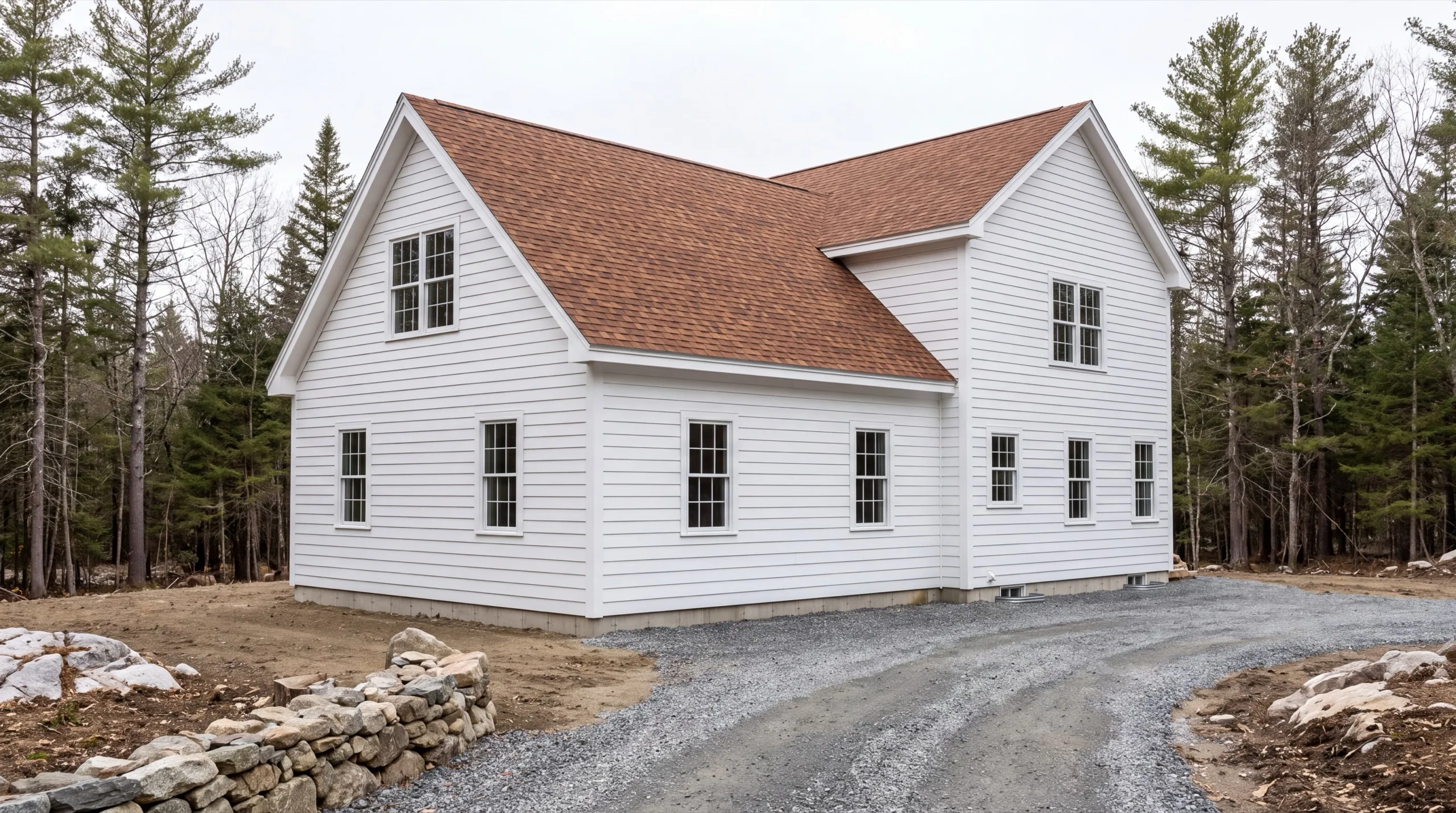 Custom home builder Dresden Maine: finished white two-story house with a brown roof on a gravel drive